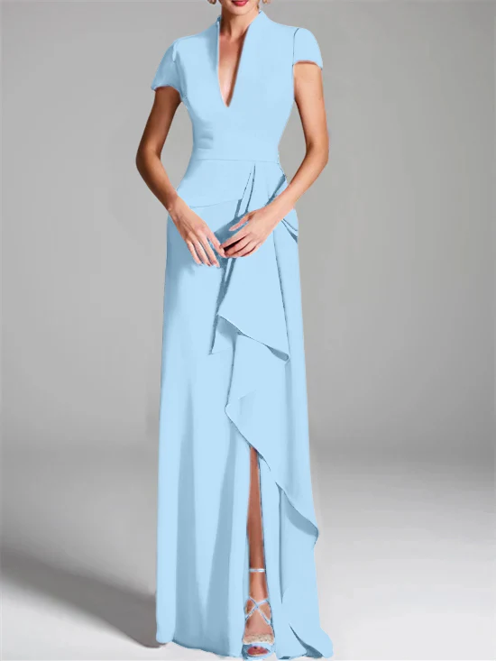 Sheath/Column V-Neck Short Sleeves Floor-Length Mother of the Bride Dresses with Split Side - Image 49