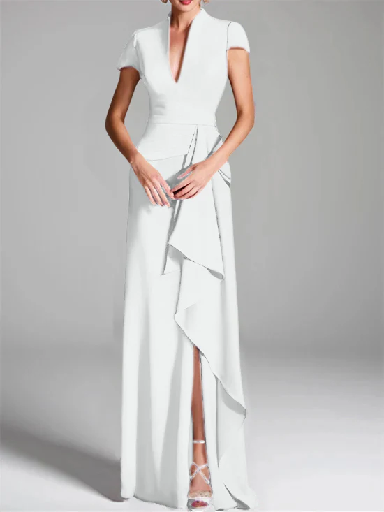 Sheath/Column V-Neck Short Sleeves Floor-Length Mother of the Bride Dresses with Split Side - Image 52