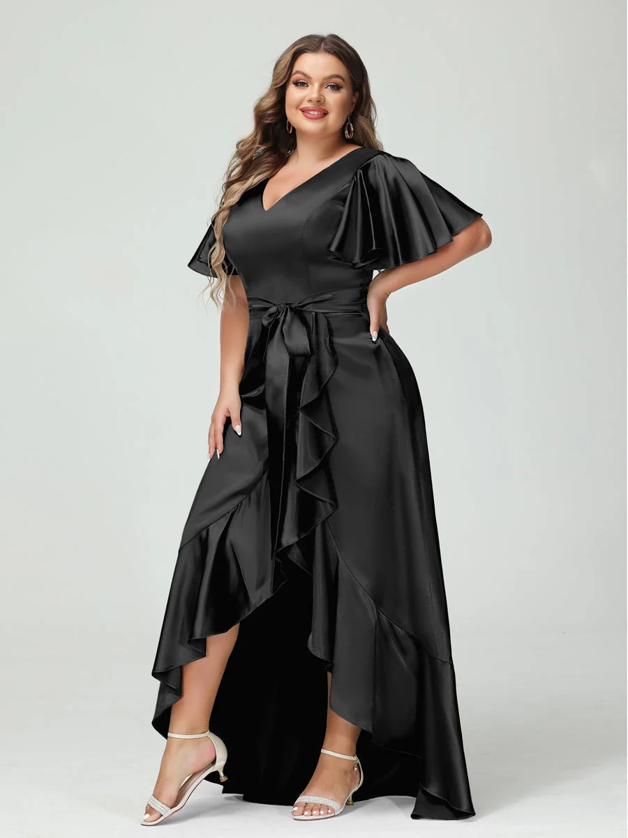Sheath/Column V-Neck Short Sleeves Ruffles Asymmetrical Plus Size Dresses with Pockets & Sash - Image 13