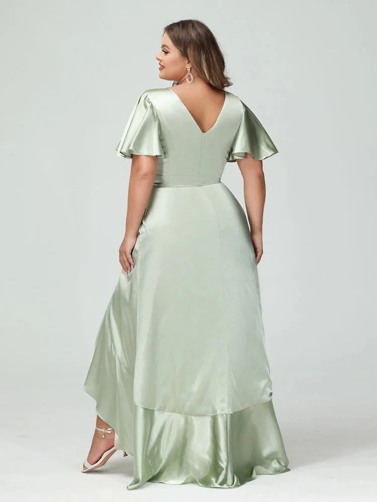 Sheath/Column V-Neck Short Sleeves Ruffles Asymmetrical Plus Size Dresses with Pockets & Sash - Image 2