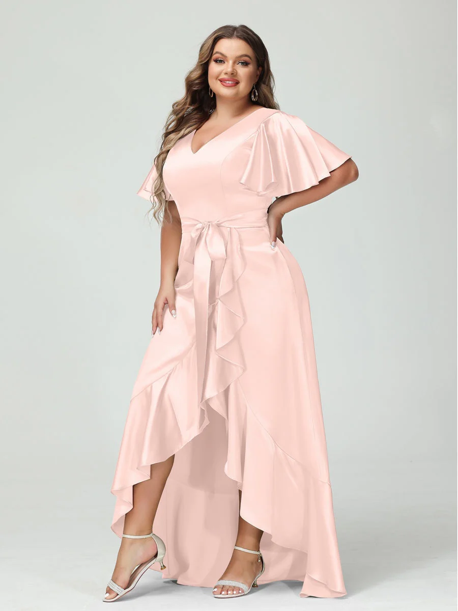 Sheath/Column V-Neck Short Sleeves Ruffles Asymmetrical Plus Size Dresses with Pockets & Sash - Image 23