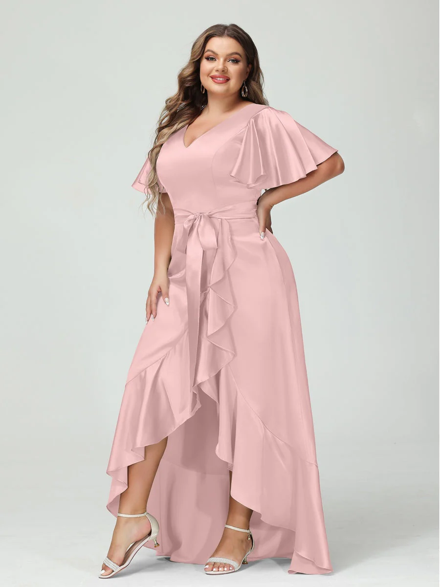 Sheath/Column V-Neck Short Sleeves Ruffles Asymmetrical Plus Size Dresses with Pockets & Sash - Image 25