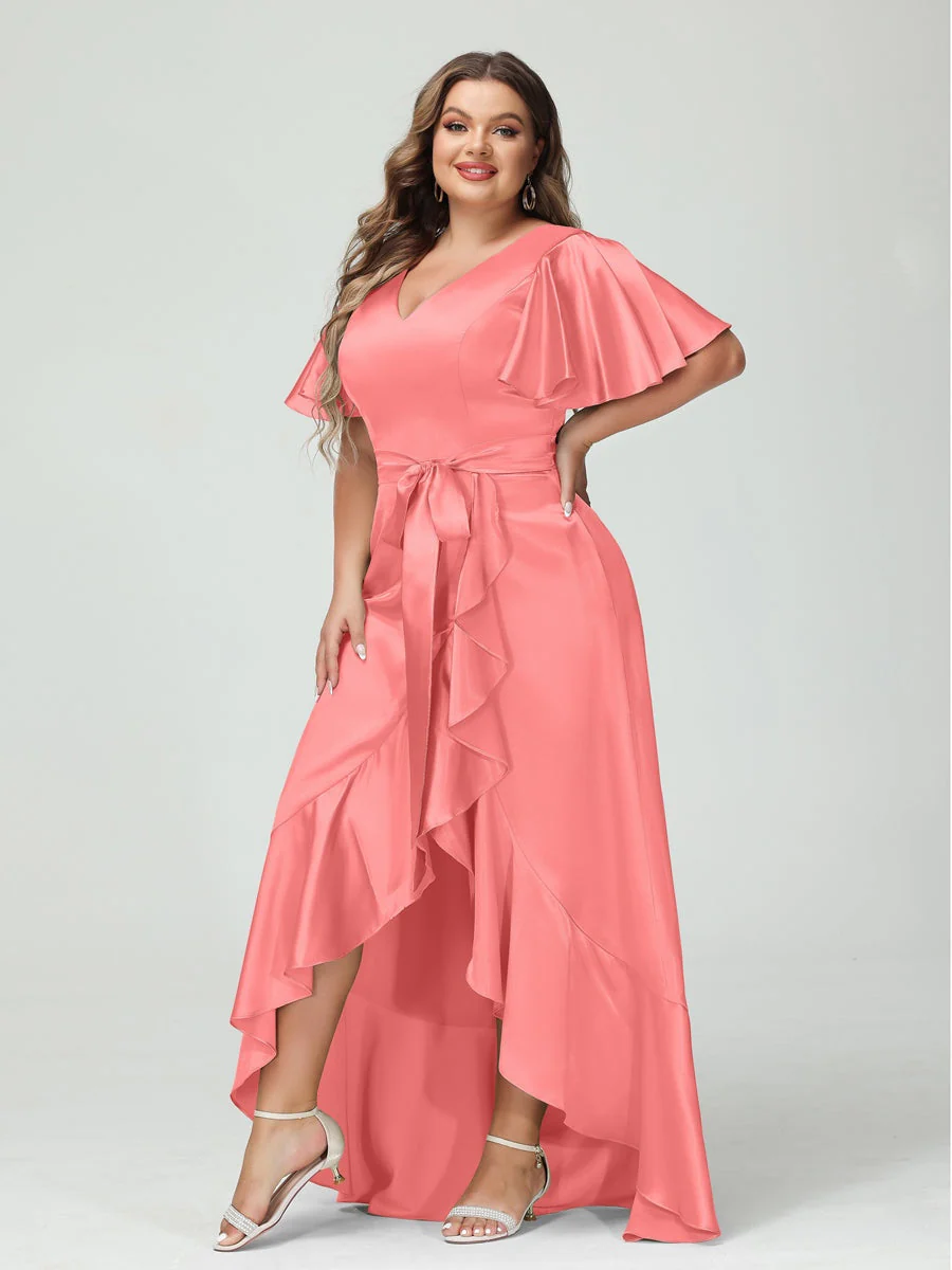 Sheath/Column V-Neck Short Sleeves Ruffles Asymmetrical Plus Size Dresses with Pockets & Sash - Image 27