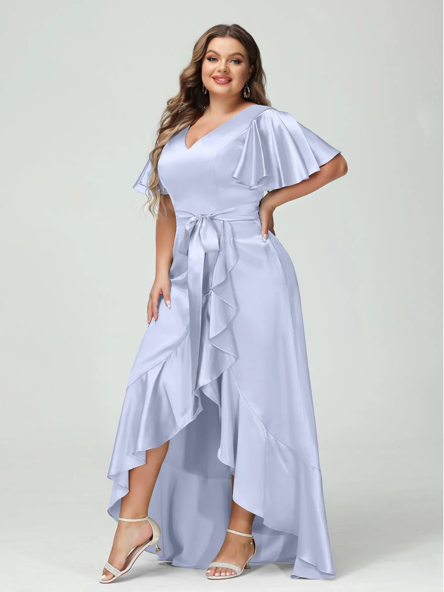 Sheath/Column V-Neck Short Sleeves Ruffles Asymmetrical Plus Size Dresses with Pockets & Sash - Image 38