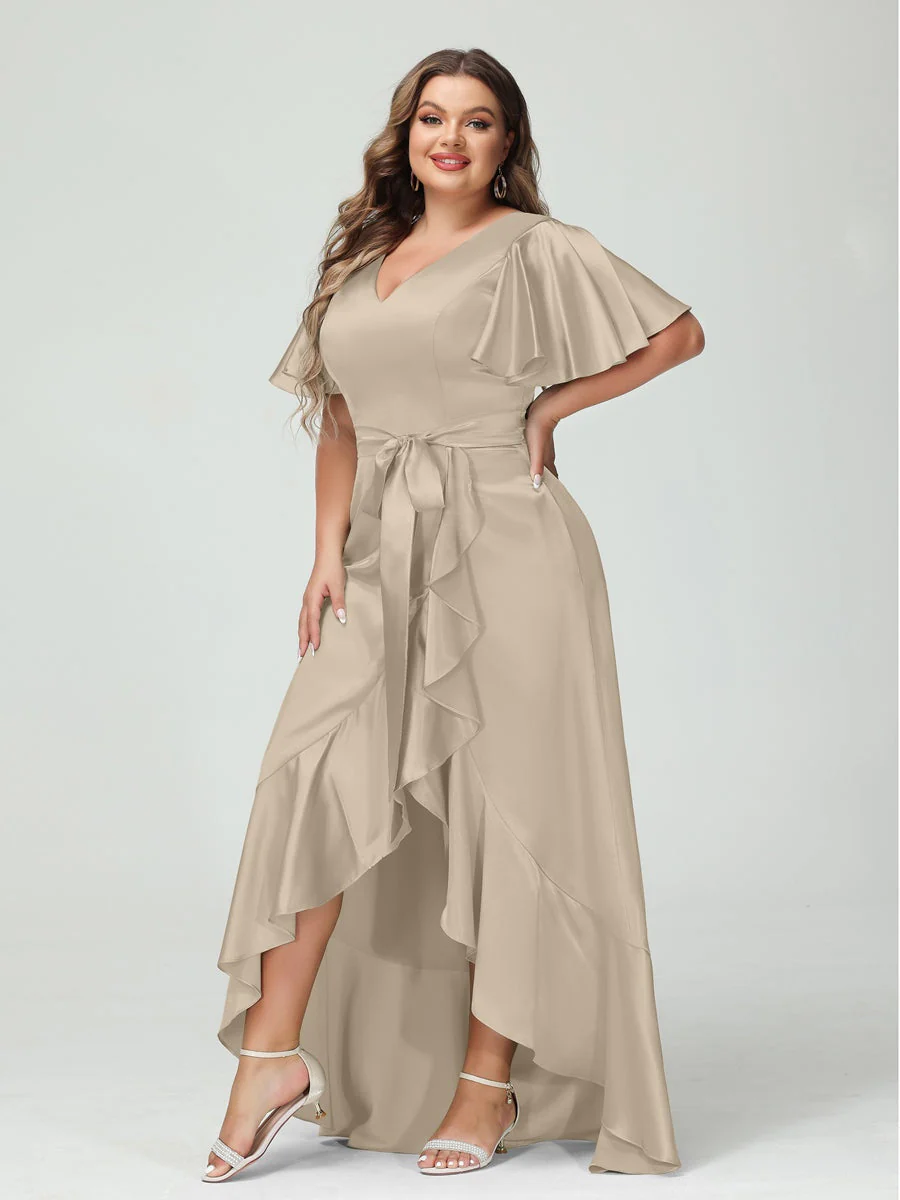Sheath/Column V-Neck Short Sleeves Ruffles Asymmetrical Plus Size Dresses with Pockets & Sash - Image 55
