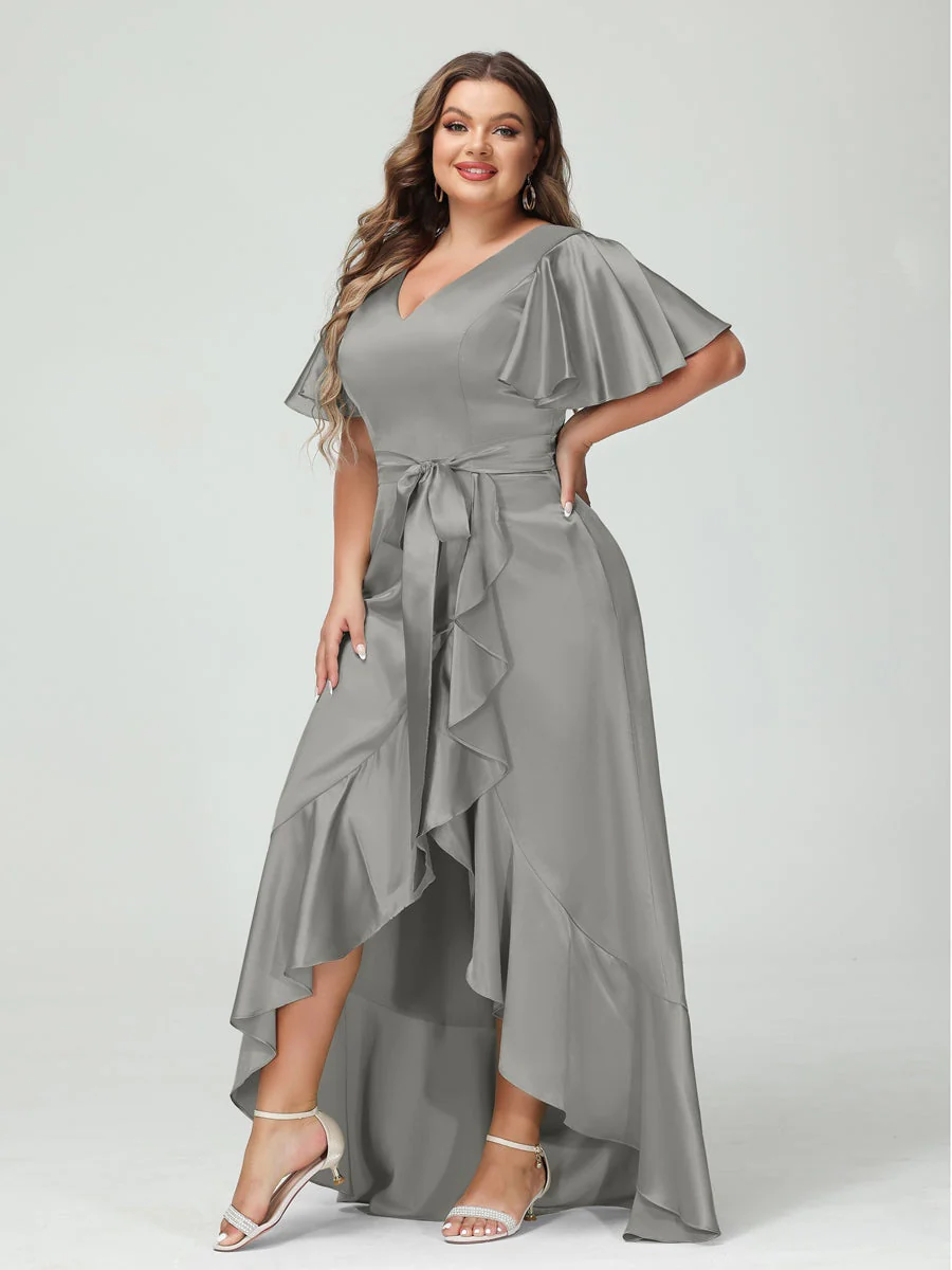 Sheath/Column V-Neck Short Sleeves Ruffles Asymmetrical Plus Size Dresses with Pockets & Sash - Image 56