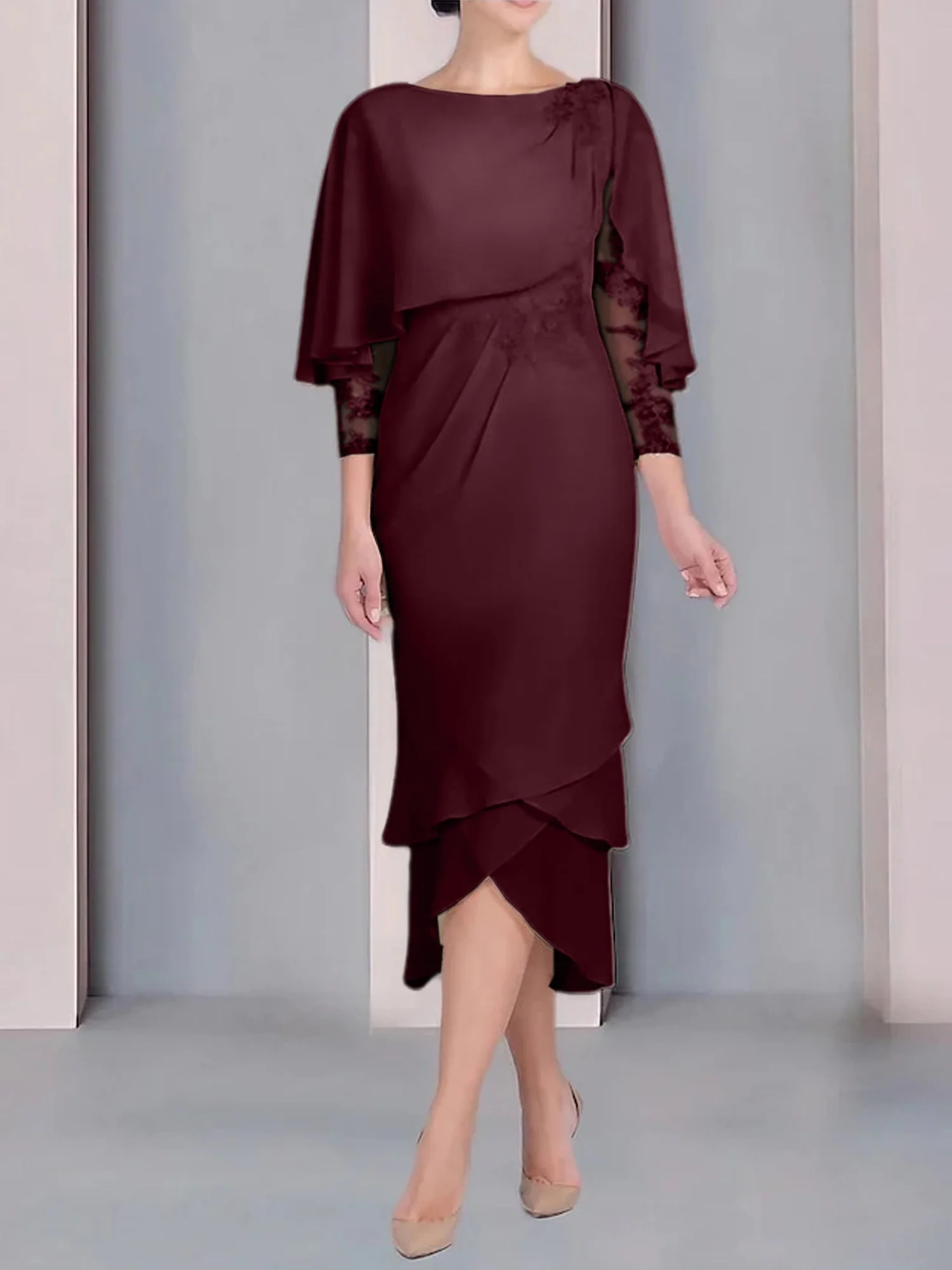 Sheath/Column Scoop Short Sleeves Tea-Length Mother of the Bride Dresses with Appliques & Lace - Image 10