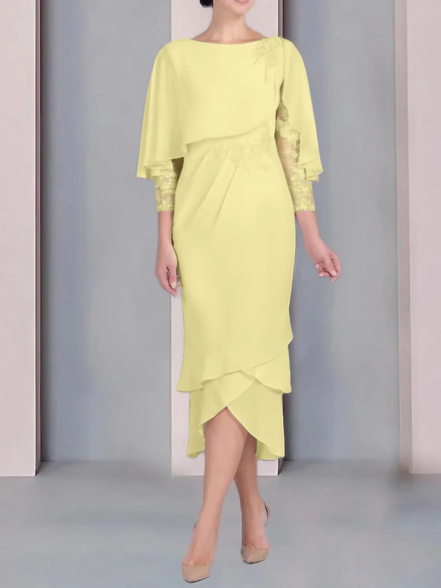 Sheath/Column Scoop Short Sleeves Tea-Length Mother of the Bride Dresses with Appliques & Lace - Image 14