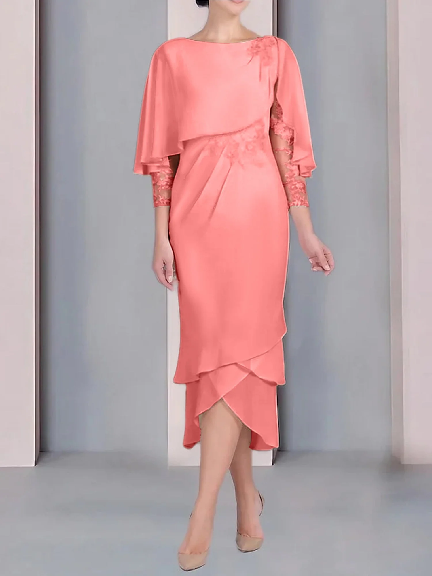 Sheath/Column Scoop Short Sleeves Tea-Length Mother of the Bride Dresses with Appliques & Lace - Image 15
