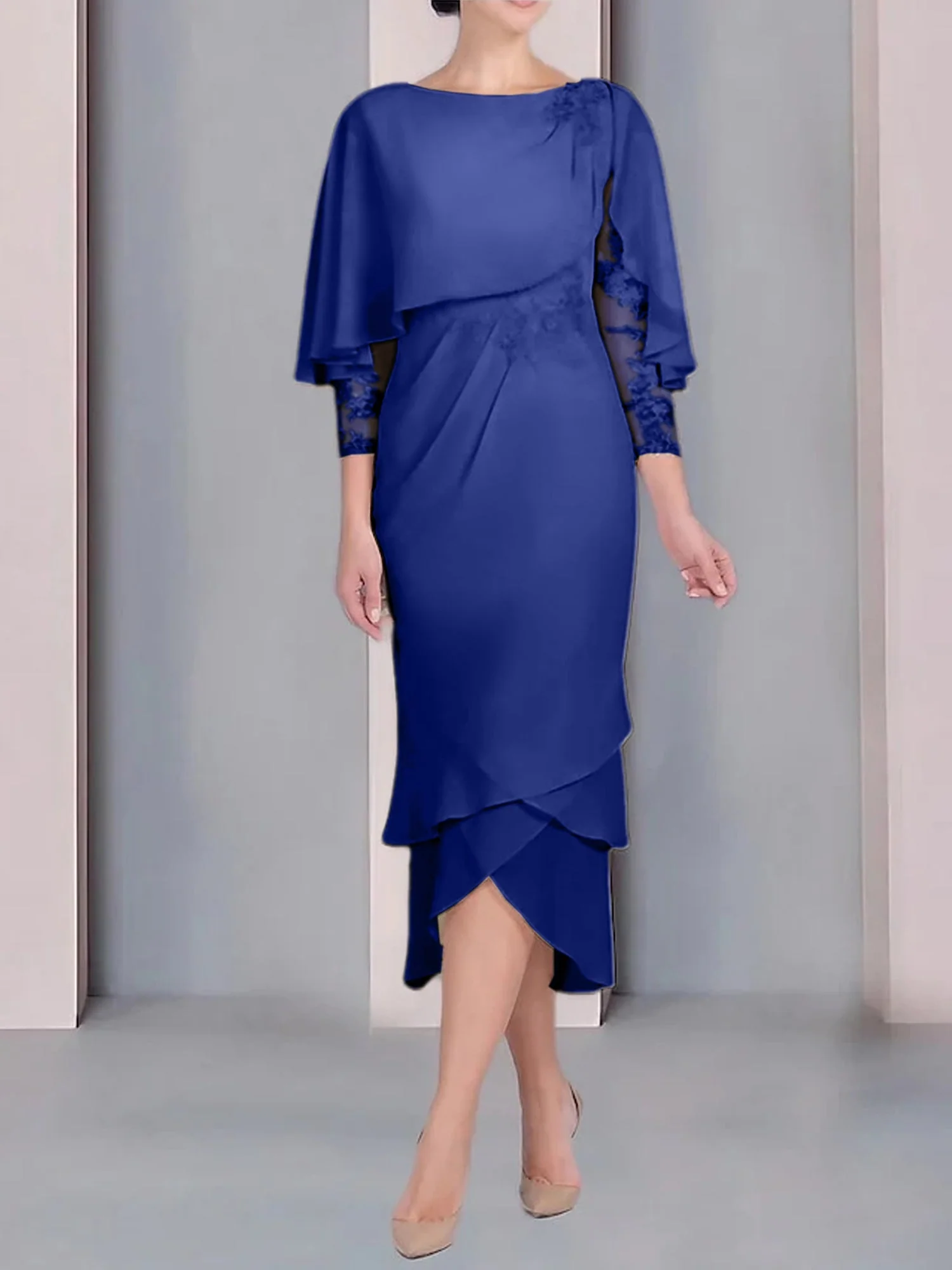 Sheath/Column Scoop Short Sleeves Tea-Length Mother of the Bride Dresses with Appliques & Lace - Image 16