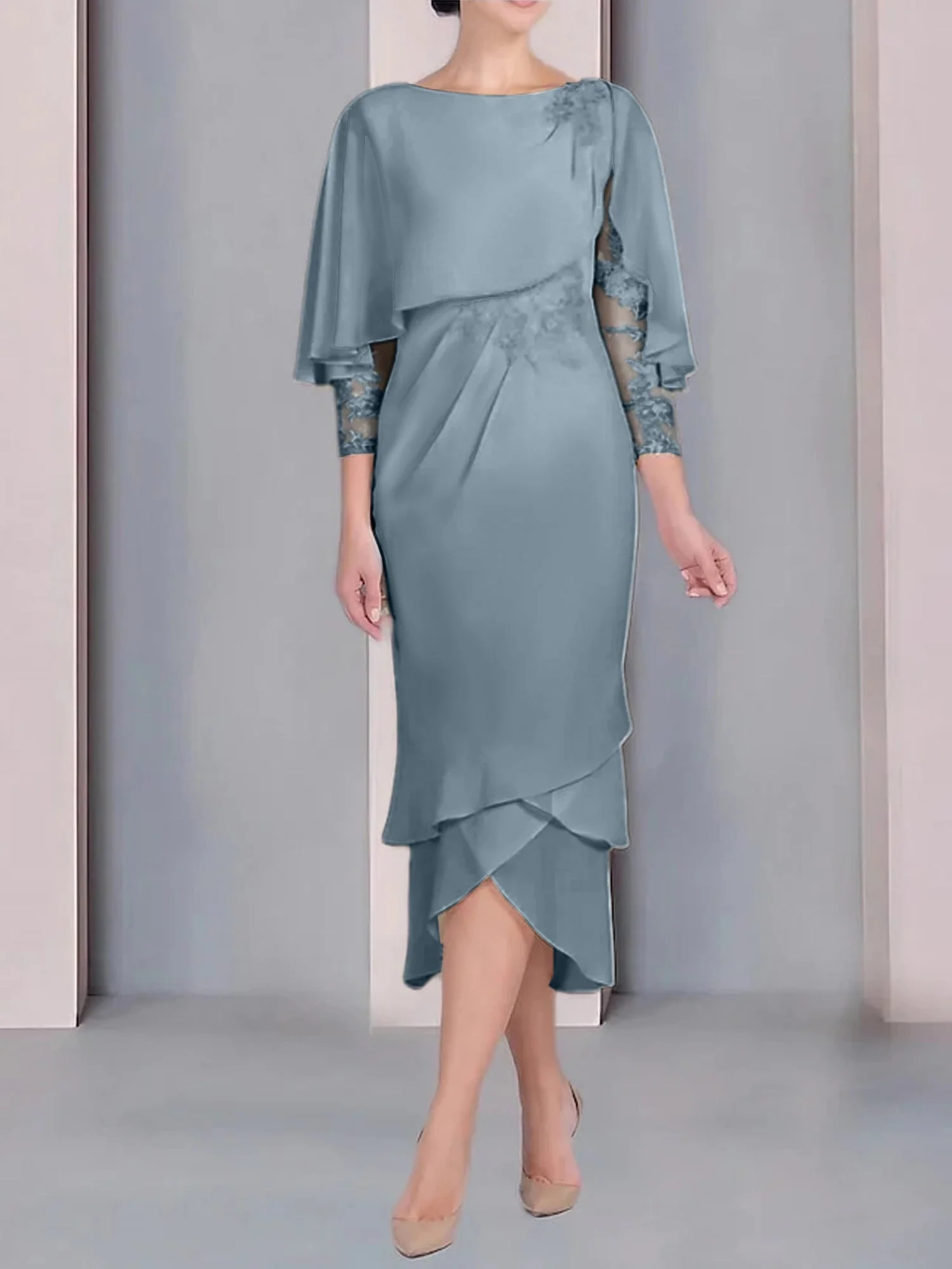 Sheath/Column Scoop Short Sleeves Tea-Length Mother of the Bride Dresses with Appliques & Lace - Image 17