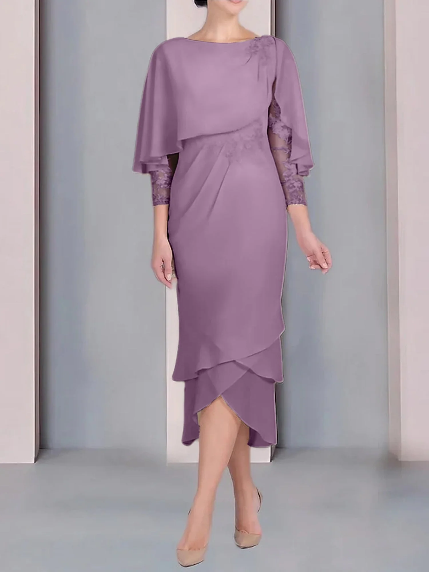 Sheath/Column Scoop Short Sleeves Tea-Length Mother of the Bride Dresses with Appliques & Lace - Image 18