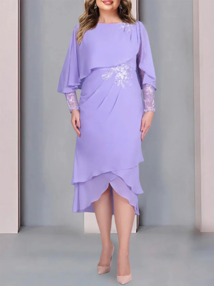 Sheath/Column Scoop Short Sleeves Tea-Length Mother of the Bride Dresses with Appliques & Lace - Image 2