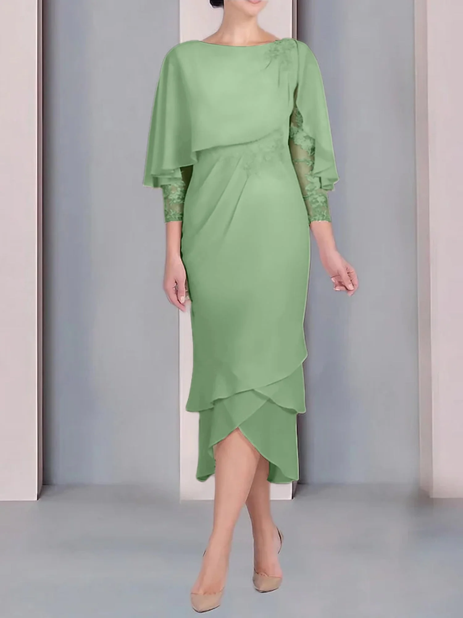 Sheath/Column Scoop Short Sleeves Tea-Length Mother of the Bride Dresses with Appliques & Lace - Image 20