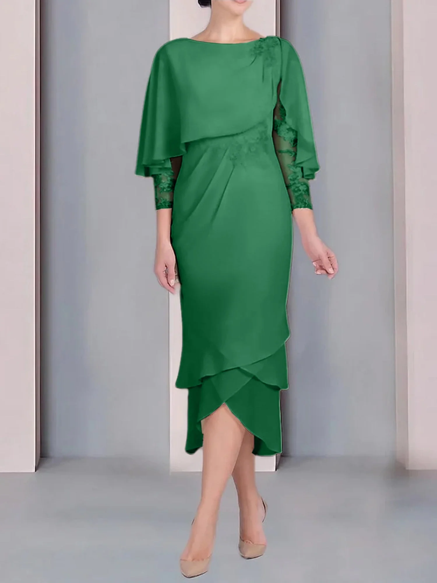 Sheath/Column Scoop Short Sleeves Tea-Length Mother of the Bride Dresses with Appliques & Lace - Image 21