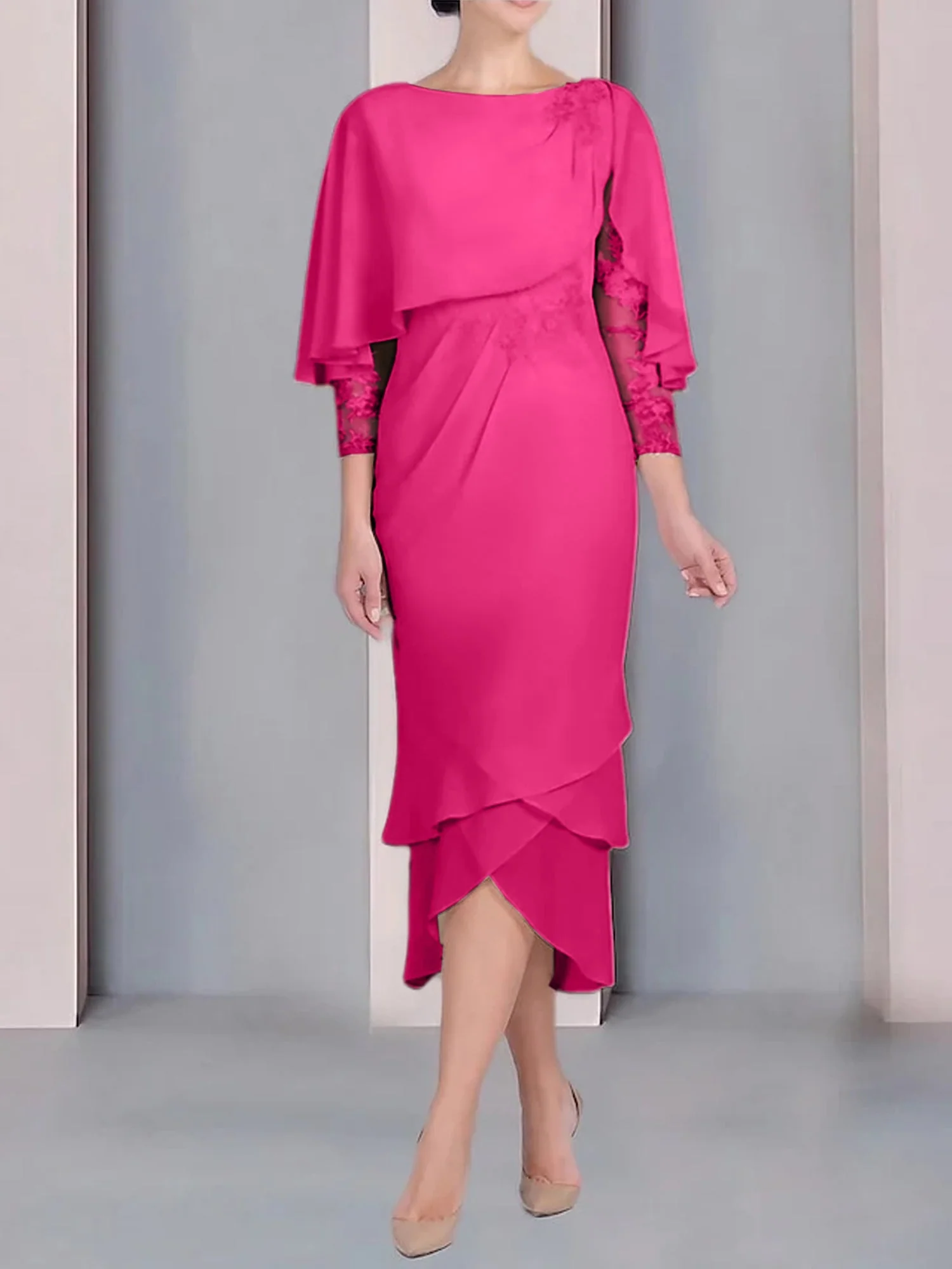 Sheath/Column Scoop Short Sleeves Tea-Length Mother of the Bride Dresses with Appliques & Lace - Image 23