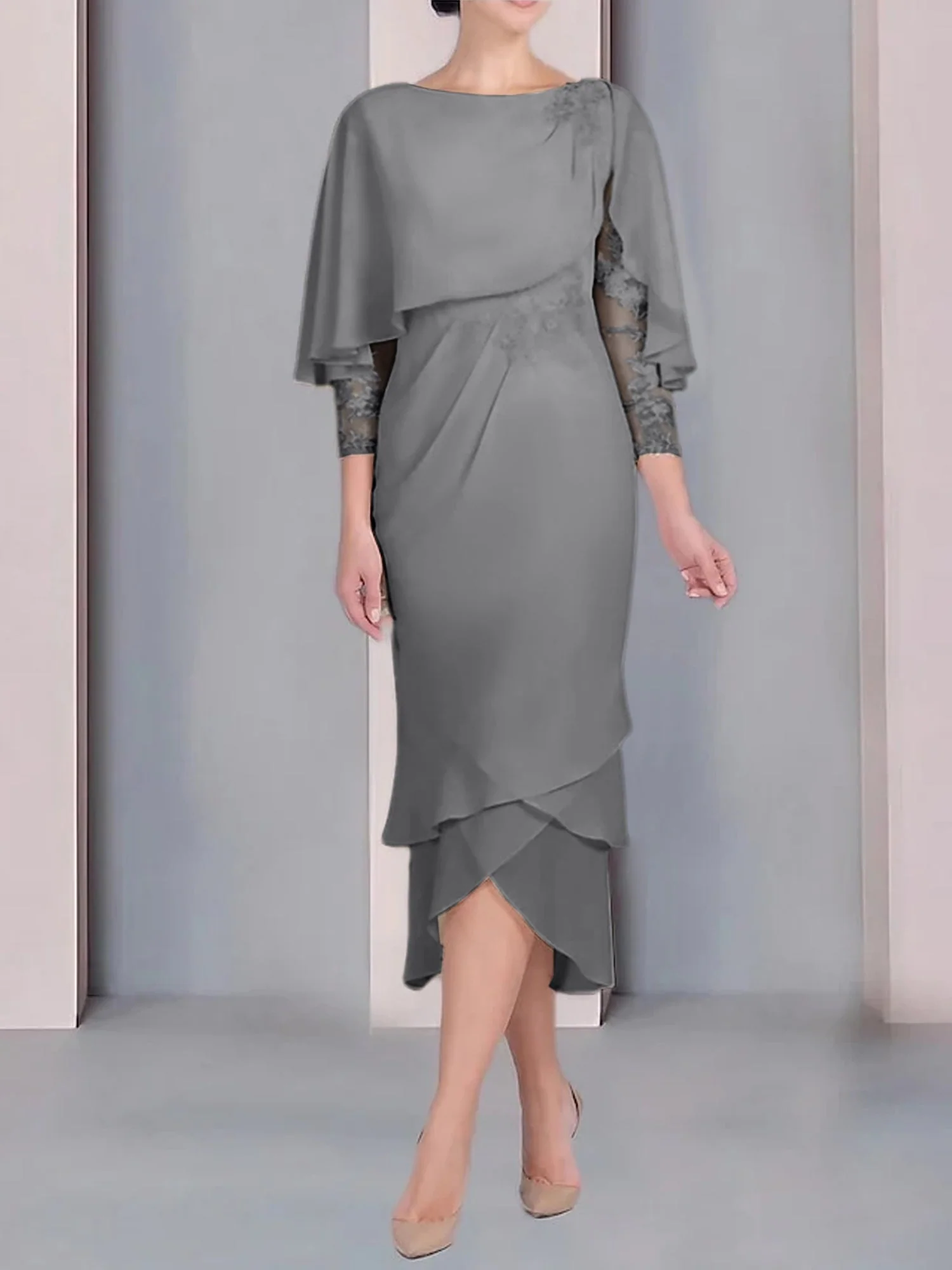 Sheath/Column Scoop Short Sleeves Tea-Length Mother of the Bride Dresses with Appliques & Lace - Image 25