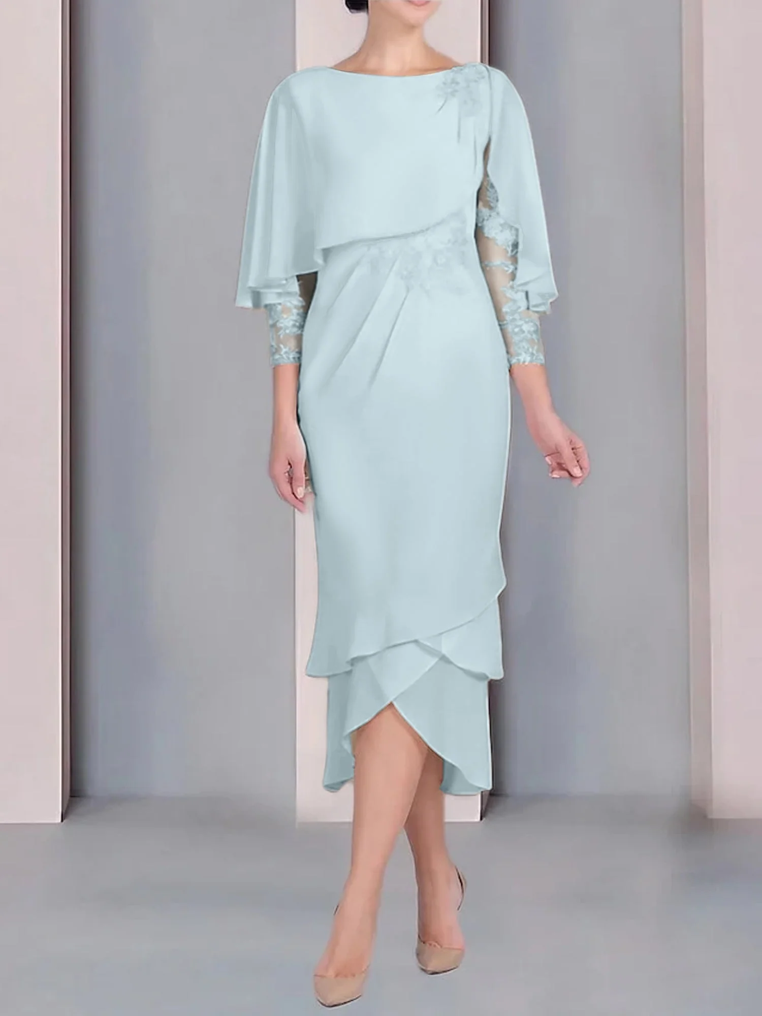 Sheath/Column Scoop Short Sleeves Tea-Length Mother of the Bride Dresses with Appliques & Lace - Image 28