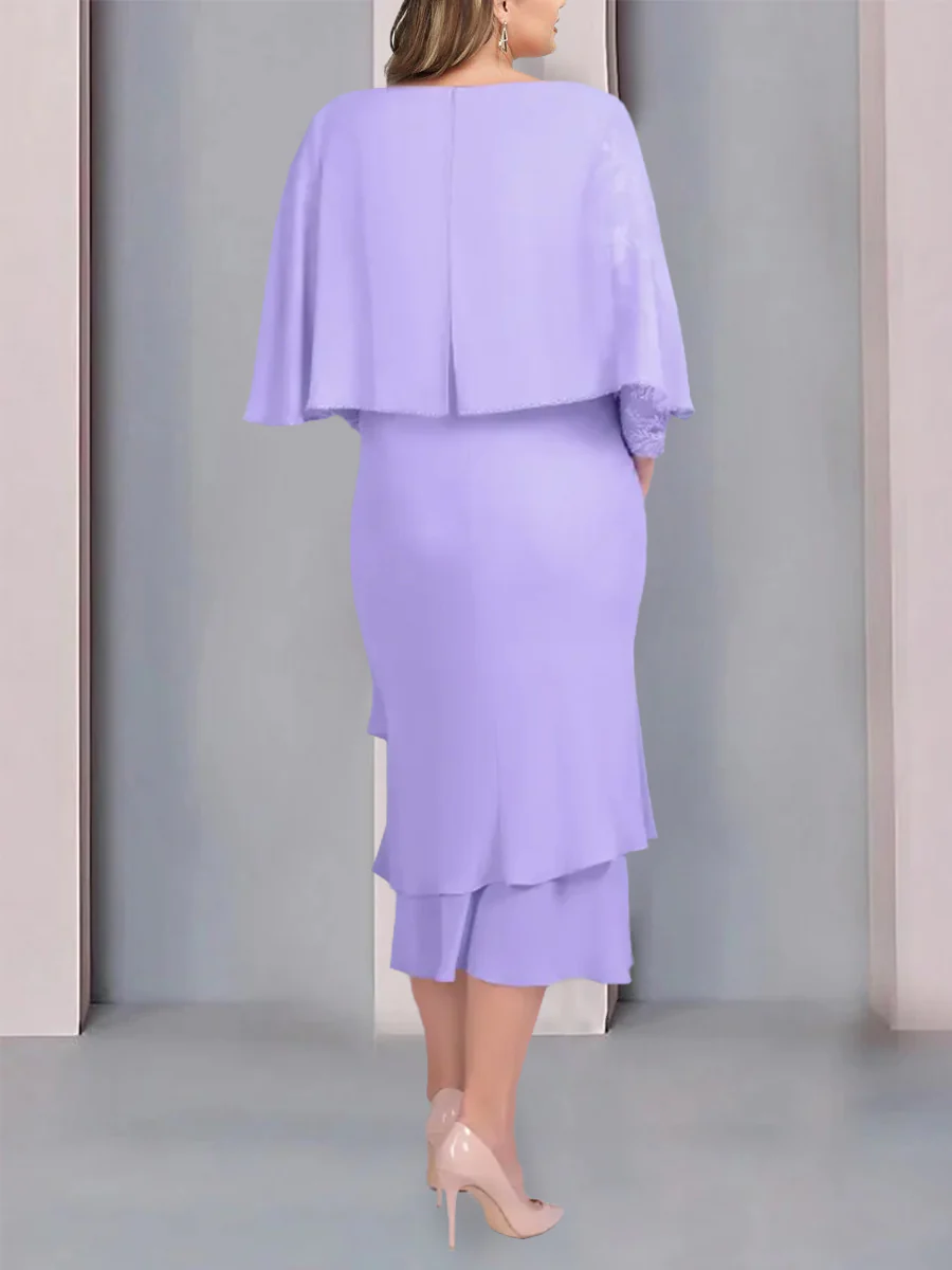 Sheath/Column Scoop Short Sleeves Tea-Length Mother of the Bride Dresses with Appliques & Lace - Image 3