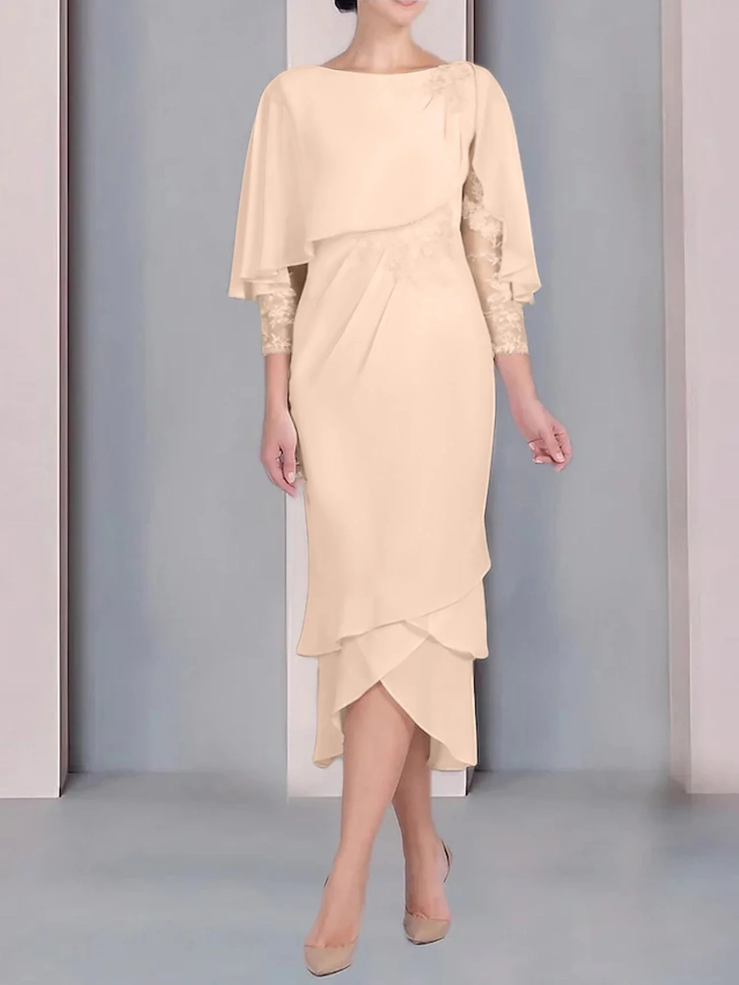 Sheath/Column Scoop Short Sleeves Tea-Length Mother of the Bride Dresses with Appliques & Lace - Image 30