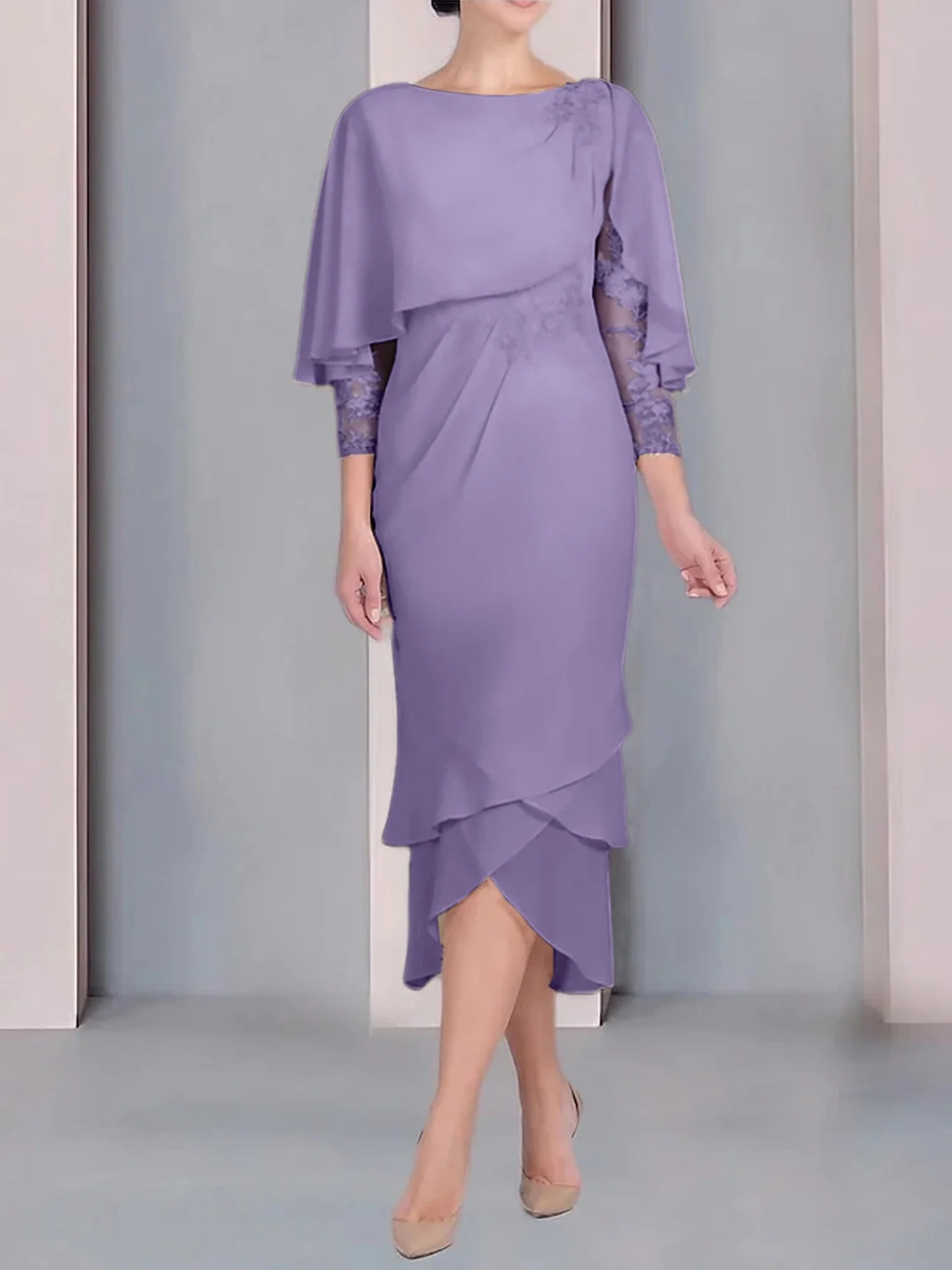 Sheath/Column Scoop Short Sleeves Tea-Length Mother of the Bride Dresses with Appliques & Lace - Image 31