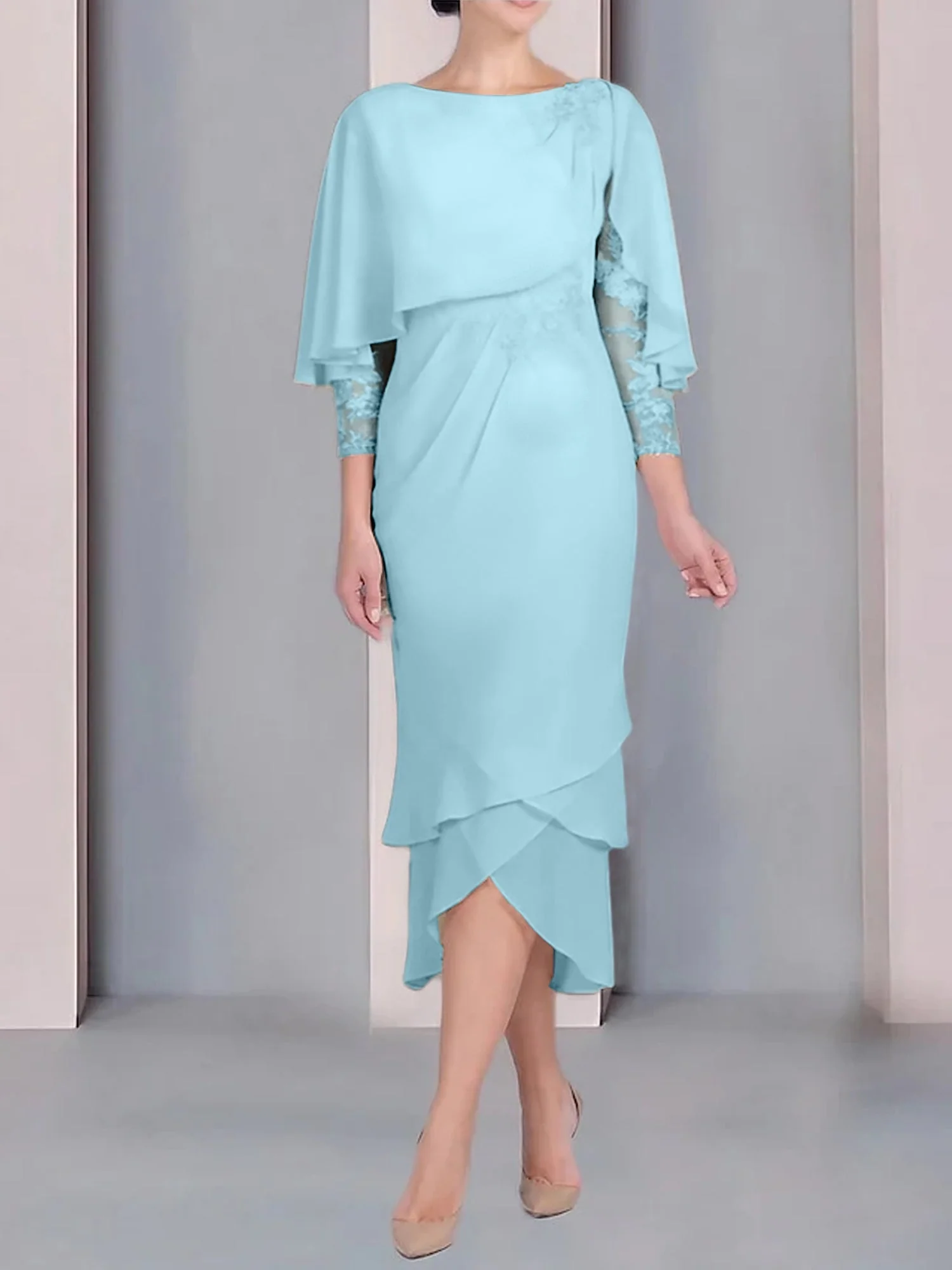 Sheath/Column Scoop Short Sleeves Tea-Length Mother of the Bride Dresses with Appliques & Lace - Image 33