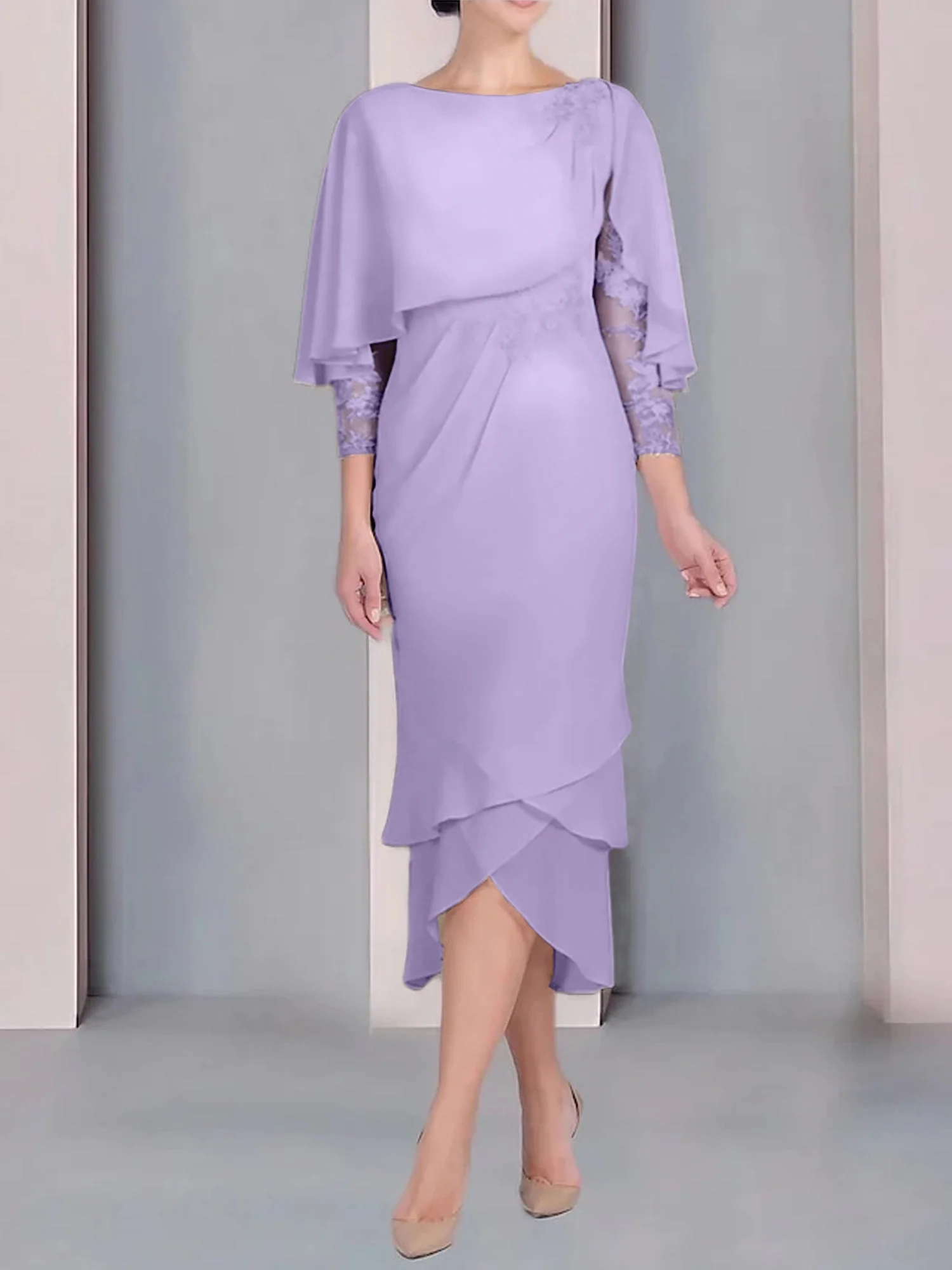 Sheath/Column Scoop Short Sleeves Tea-Length Mother of the Bride Dresses with Appliques & Lace - Image 34