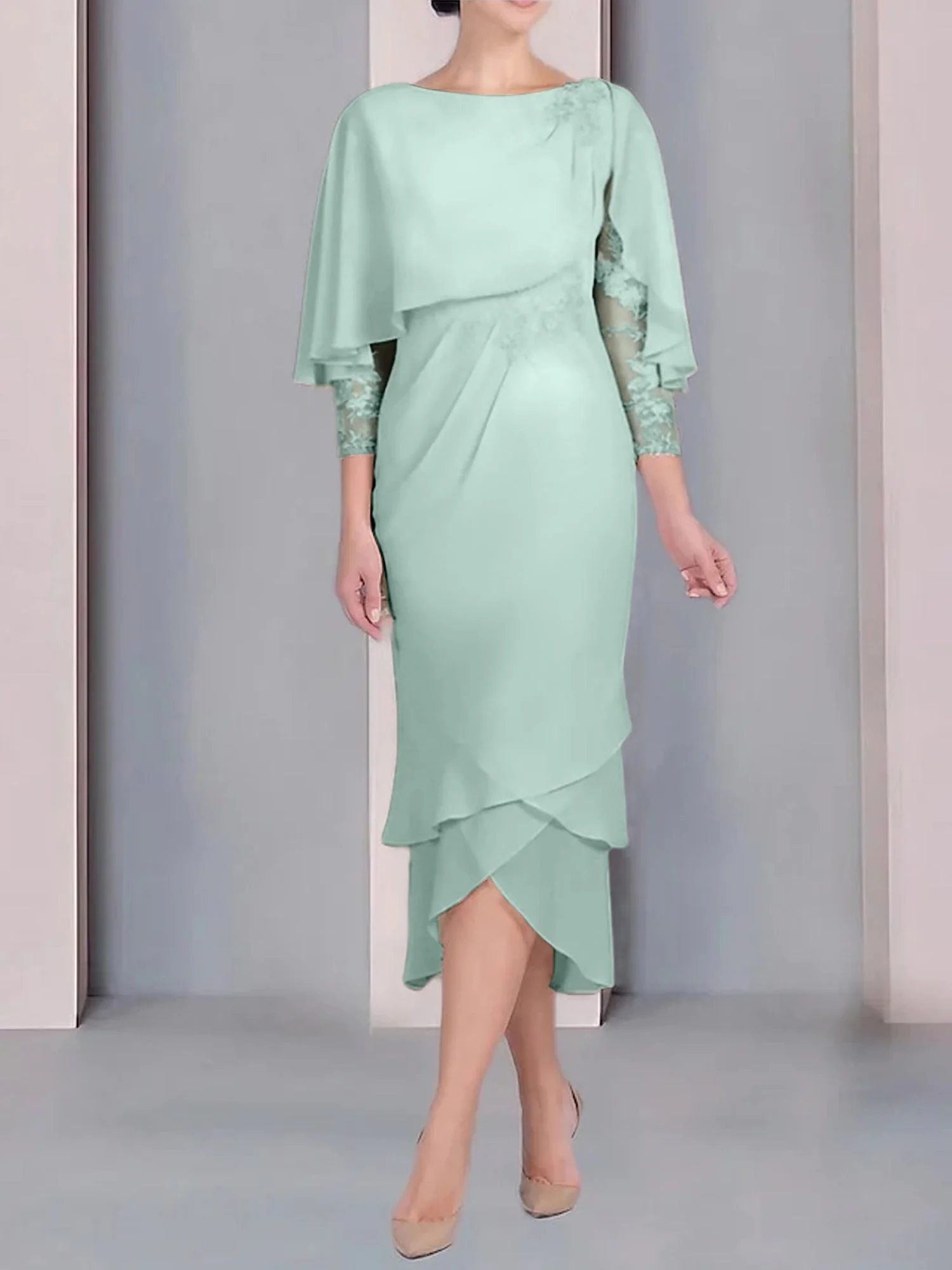 Sheath/Column Scoop Short Sleeves Tea-Length Mother of the Bride Dresses with Appliques & Lace - Image 36