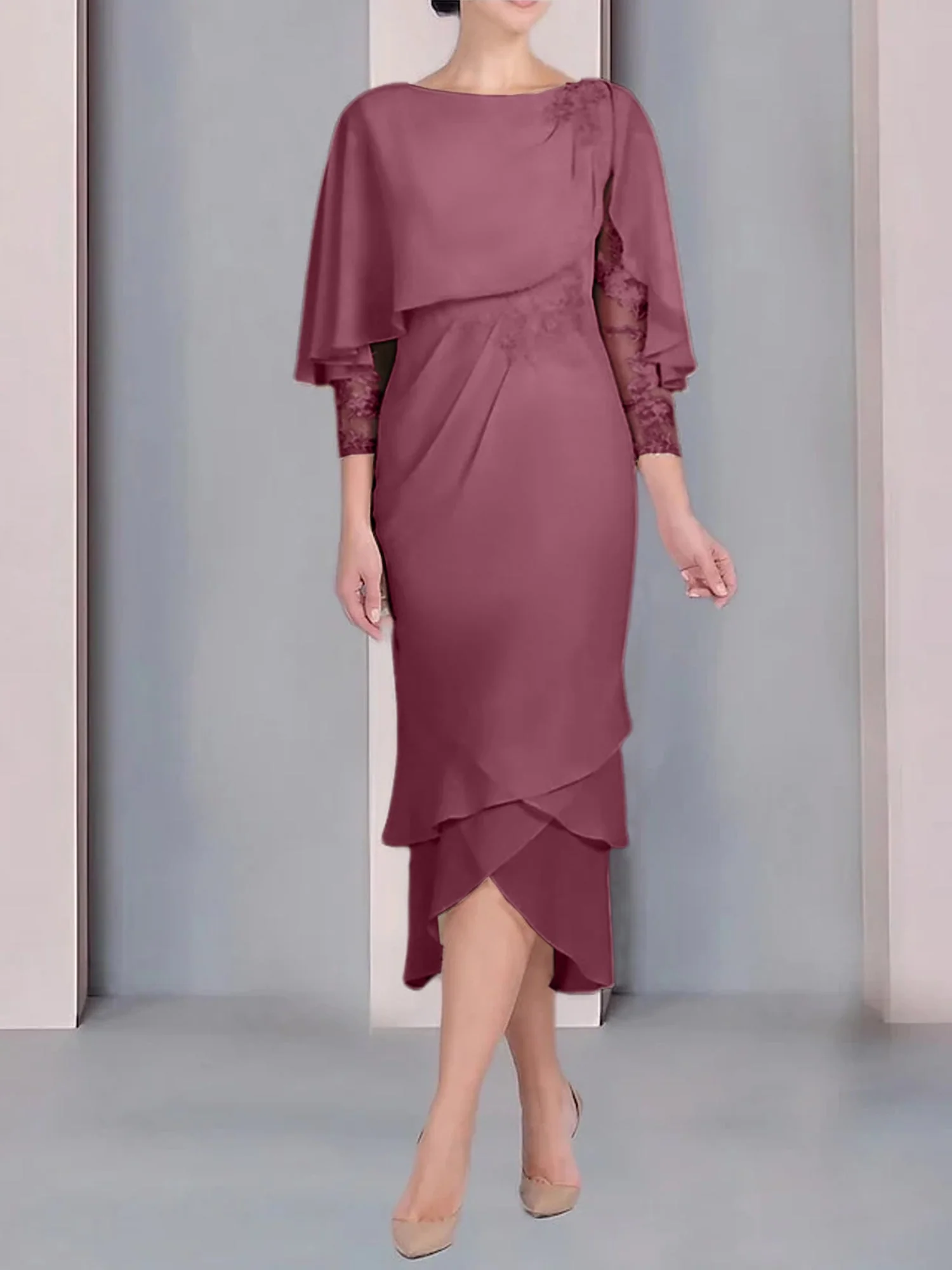 Sheath/Column Scoop Short Sleeves Tea-Length Mother of the Bride Dresses with Appliques & Lace - Image 37
