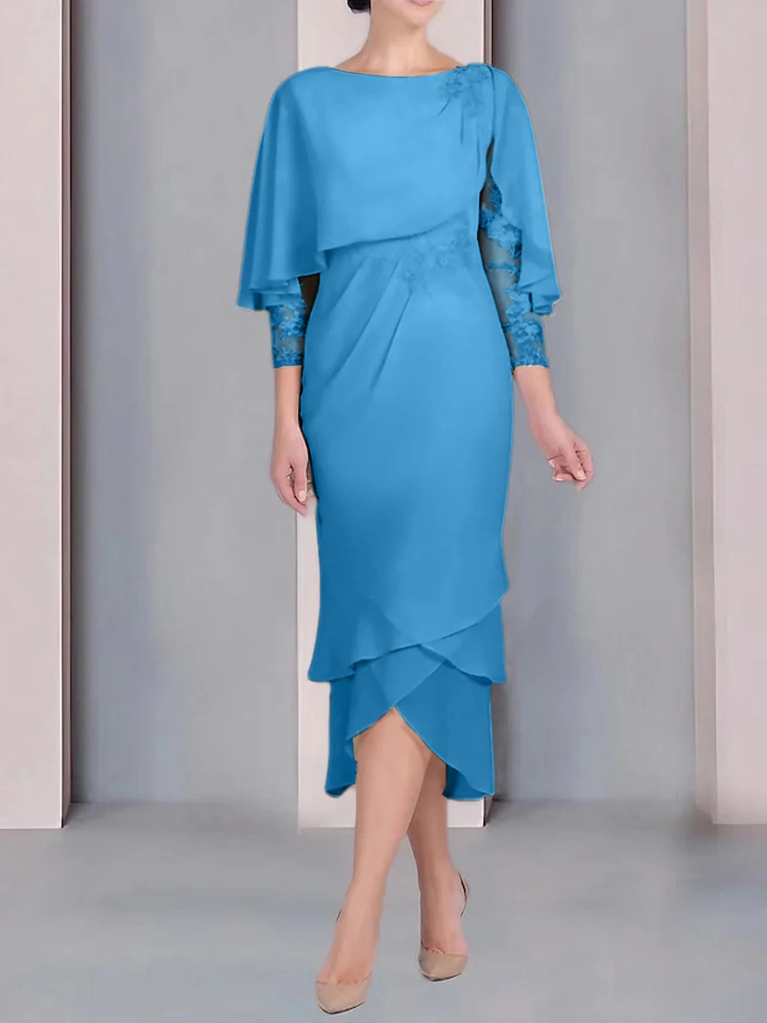 Sheath/Column Scoop Short Sleeves Tea-Length Mother of the Bride Dresses with Appliques & Lace - Image 39