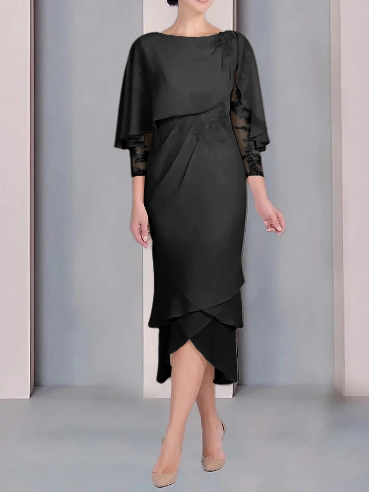 Sheath/Column Scoop Short Sleeves Tea-Length Mother of the Bride Dresses with Appliques & Lace - Image 4