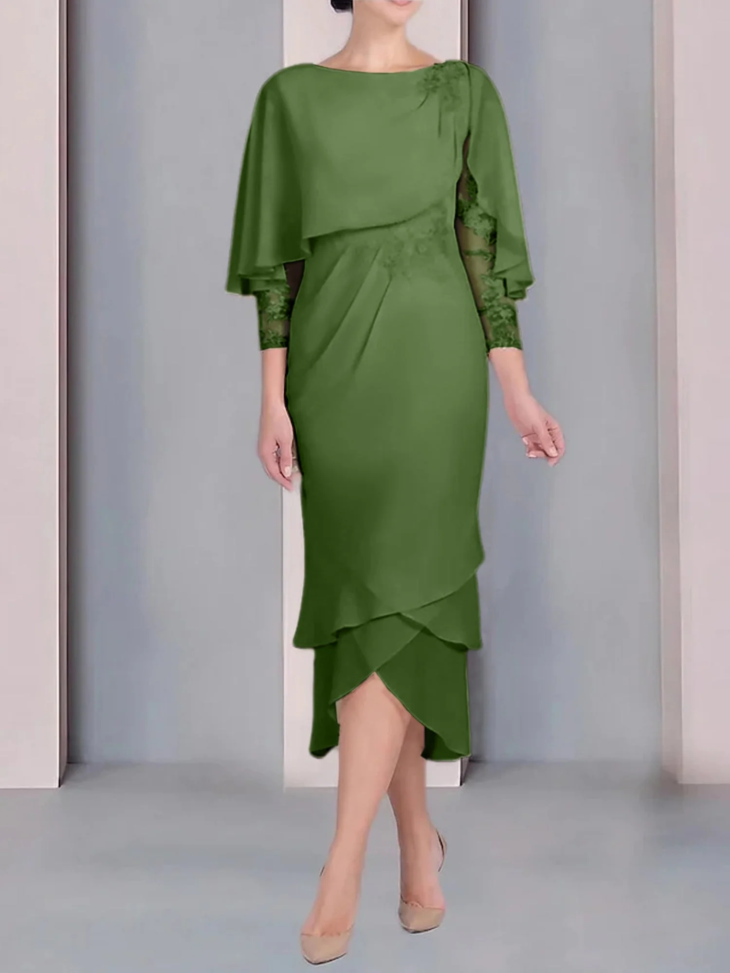 Sheath/Column Scoop Short Sleeves Tea-Length Mother of the Bride Dresses with Appliques & Lace - Image 40