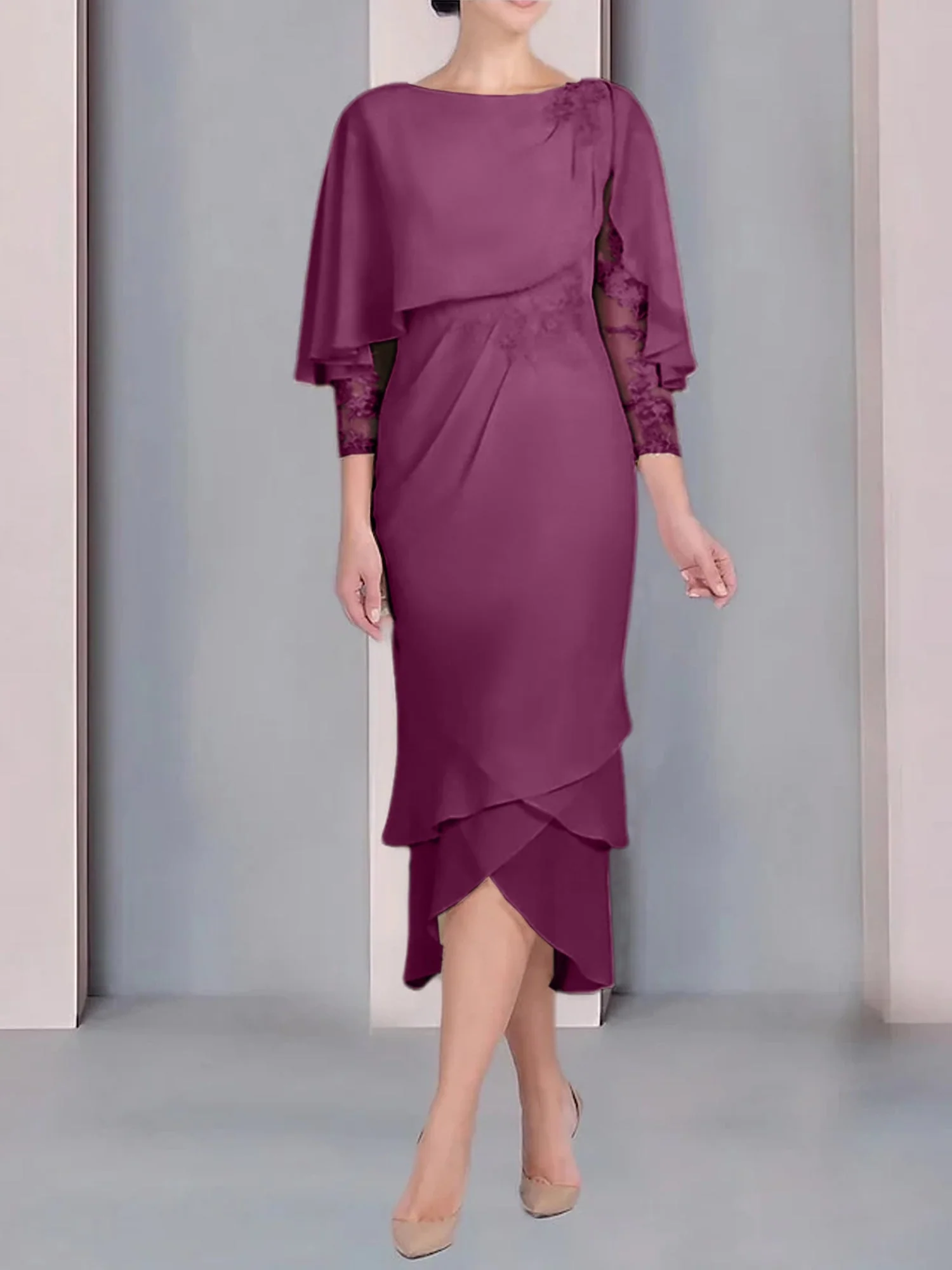 Sheath/Column Scoop Short Sleeves Tea-Length Mother of the Bride Dresses with Appliques & Lace - Image 41