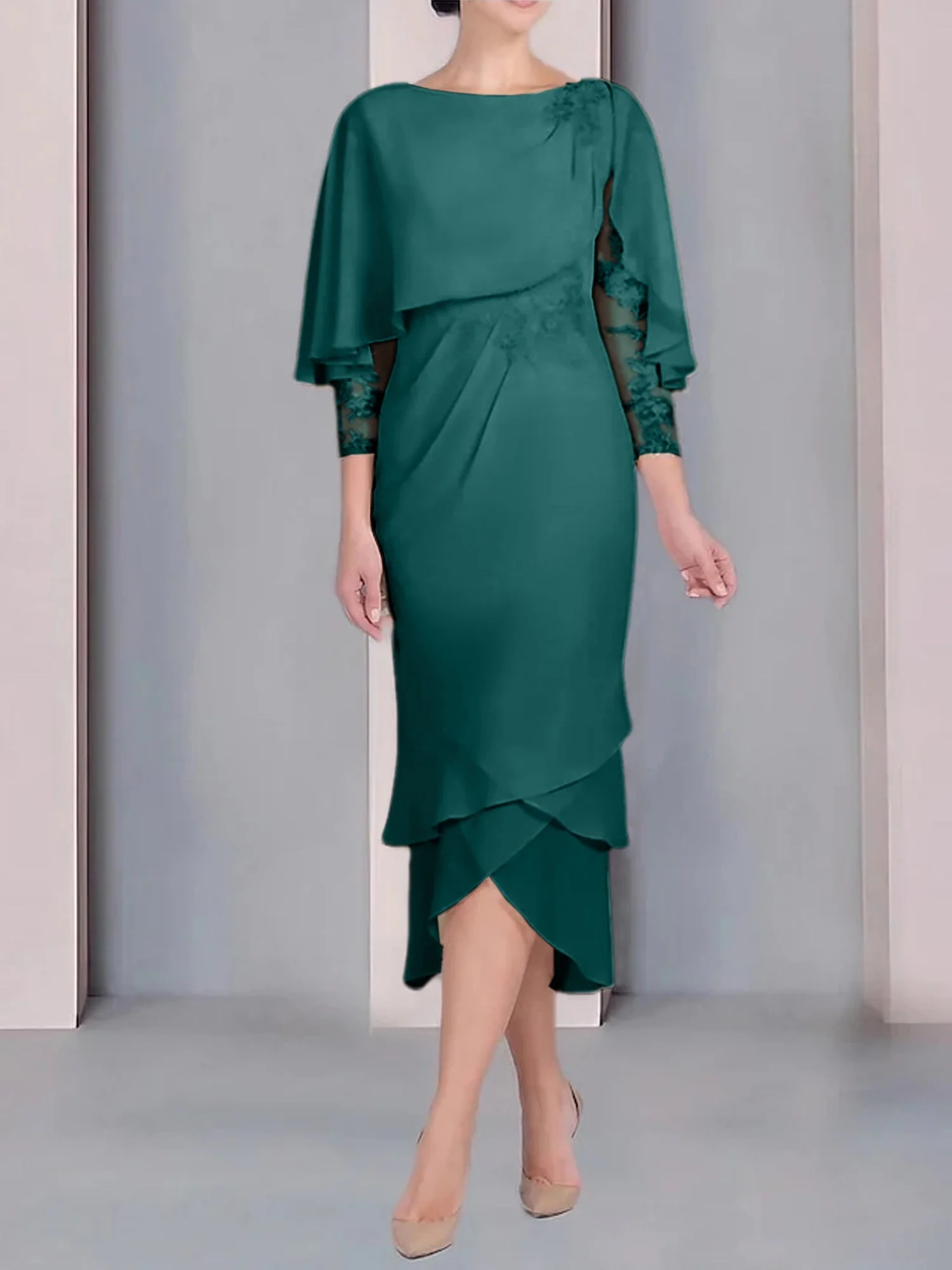 Sheath/Column Scoop Short Sleeves Tea-Length Mother of the Bride Dresses with Appliques & Lace - Image 43