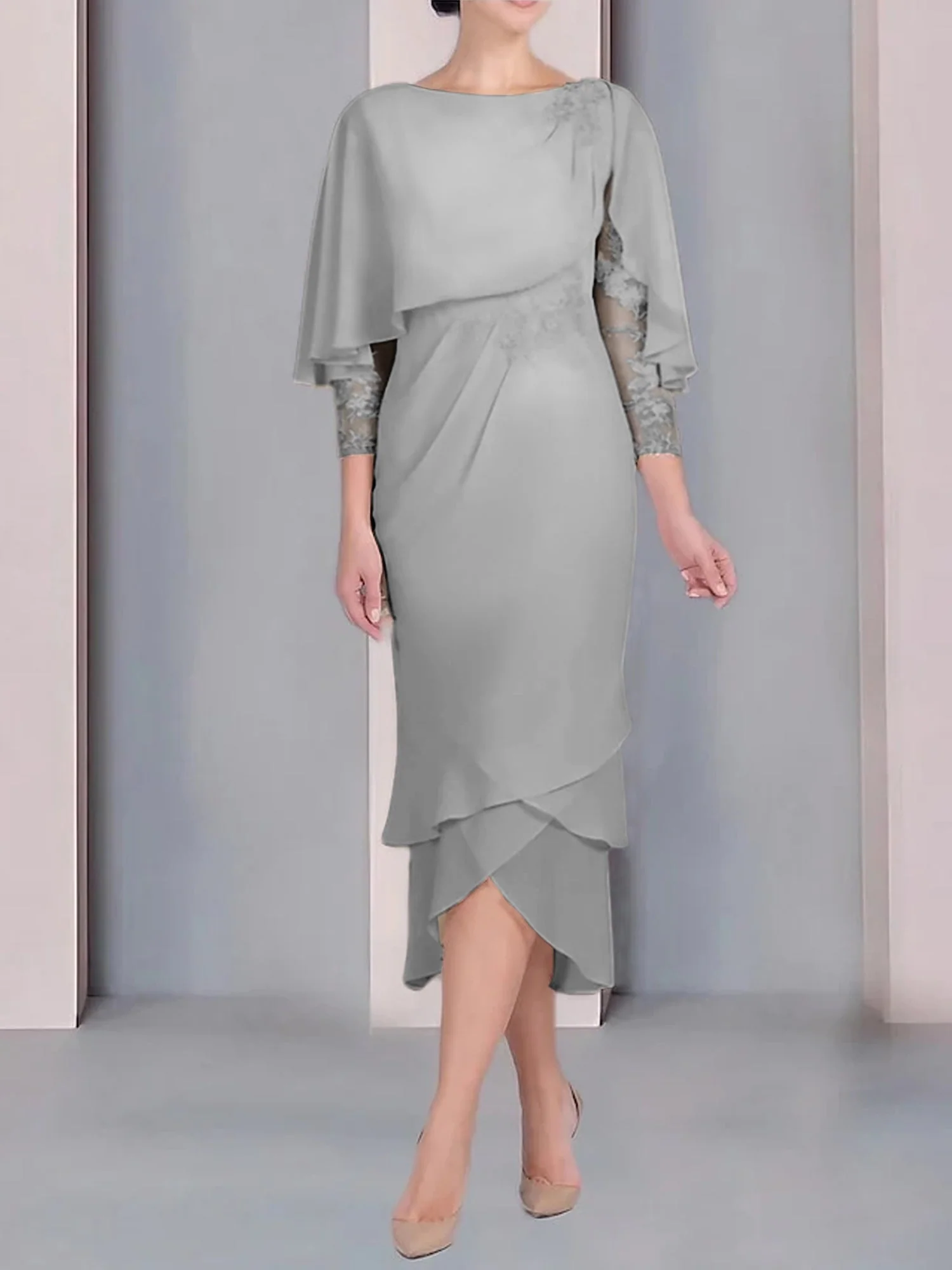 Sheath/Column Scoop Short Sleeves Tea-Length Mother of the Bride Dresses with Appliques & Lace - Image 49