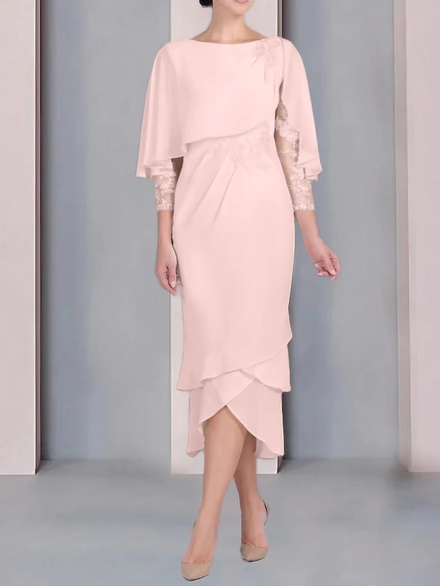 Sheath/Column Scoop Short Sleeves Tea-Length Mother of the Bride Dresses with Appliques & Lace - Image 5