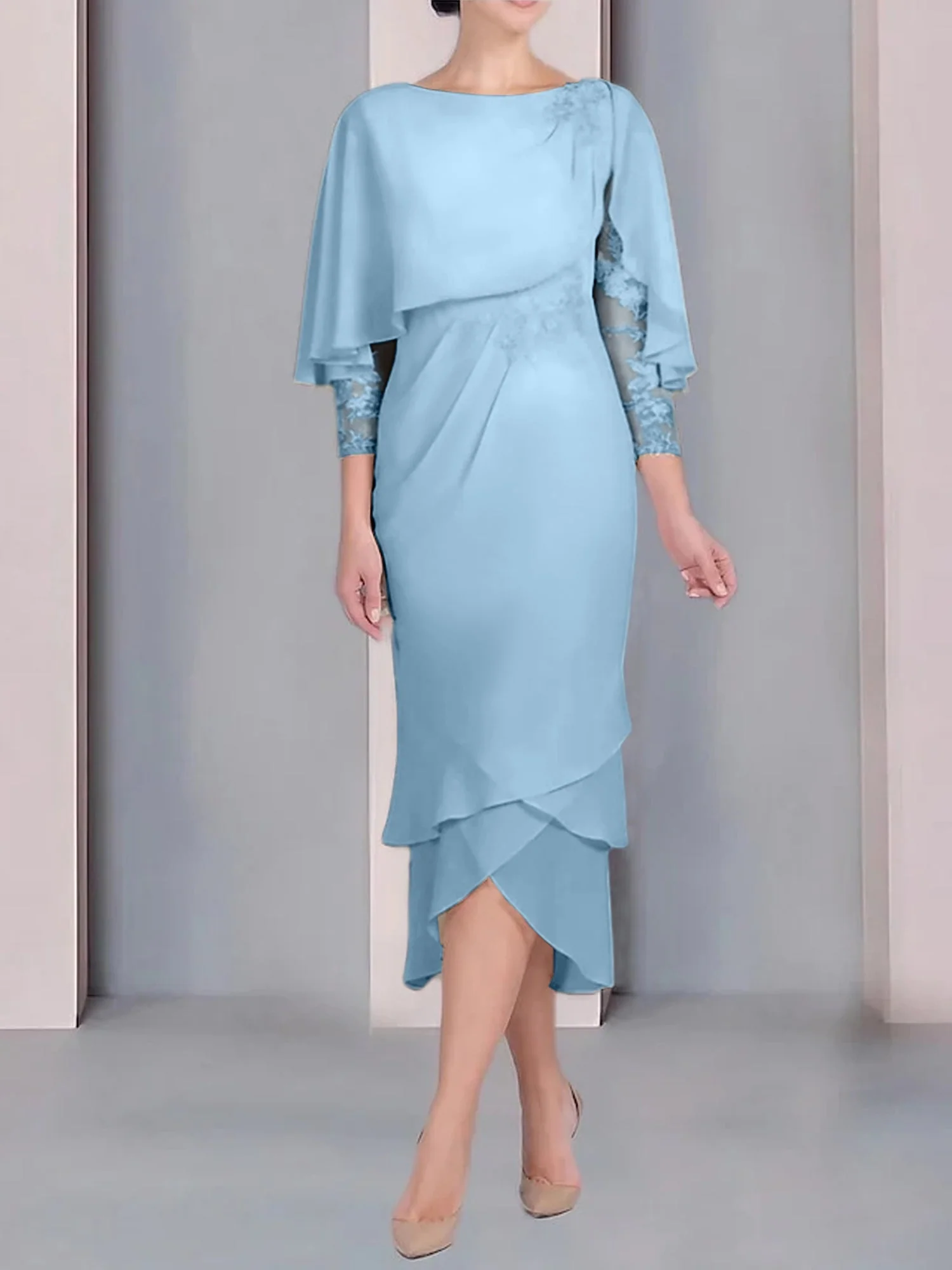 Sheath/Column Scoop Short Sleeves Tea-Length Mother of the Bride Dresses with Appliques & Lace - Image 51