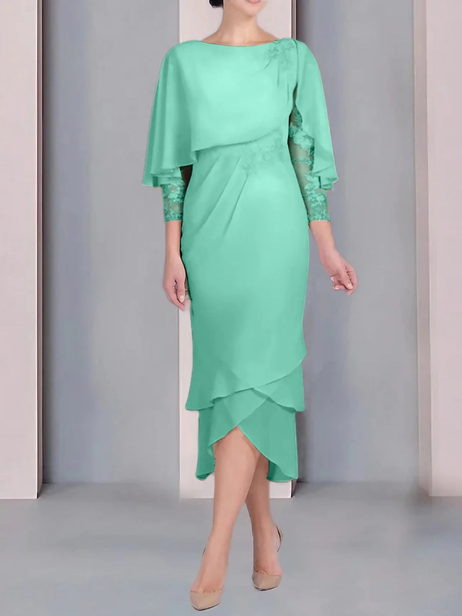 Sheath/Column Scoop Short Sleeves Tea-Length Mother of the Bride Dresses with Appliques & Lace - Image 52