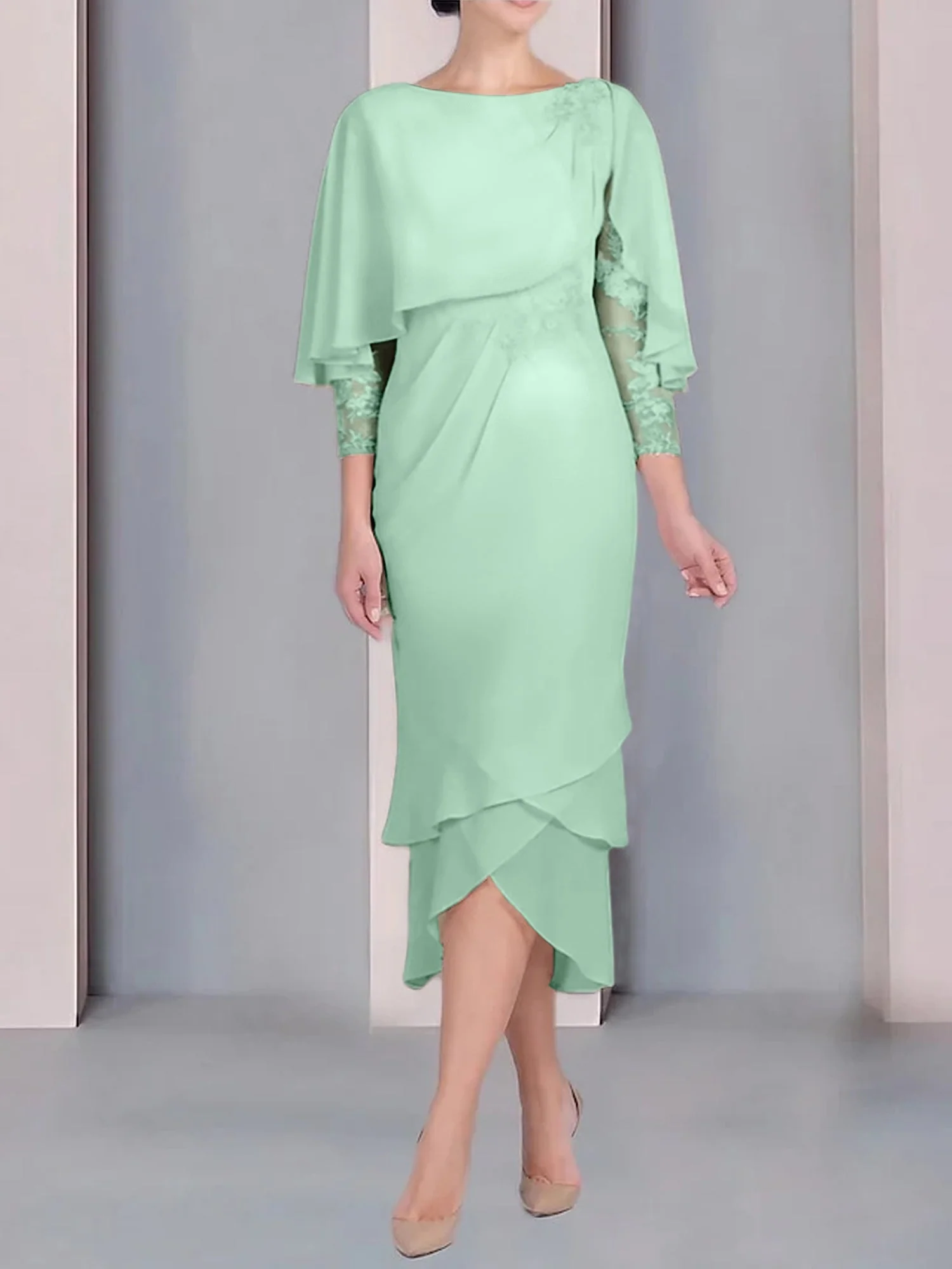 Sheath/Column Scoop Short Sleeves Tea-Length Mother of the Bride Dresses with Appliques & Lace - Image 6