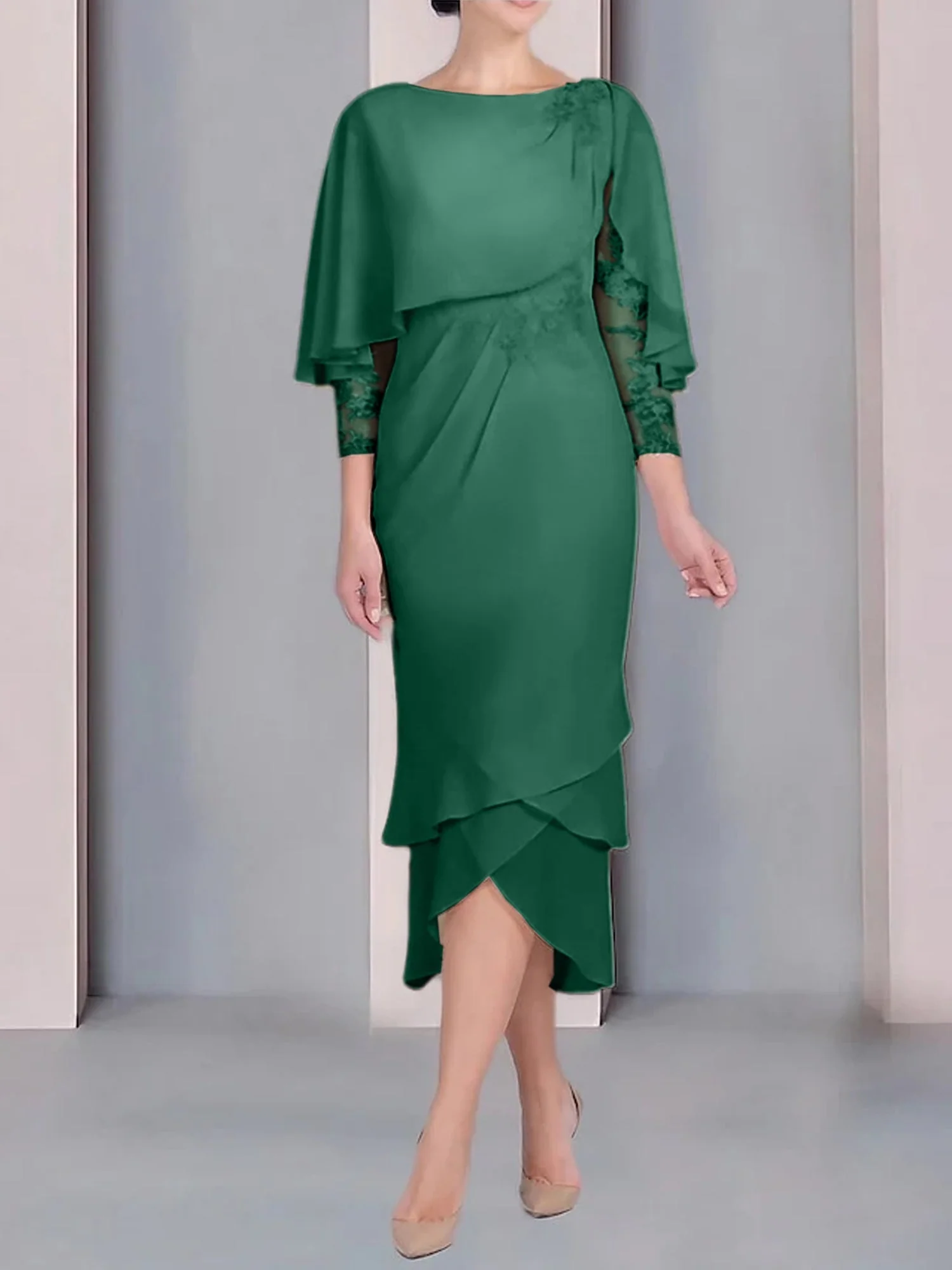 Sheath/Column Scoop Short Sleeves Tea-Length Mother of the Bride Dresses with Appliques & Lace - Image 61