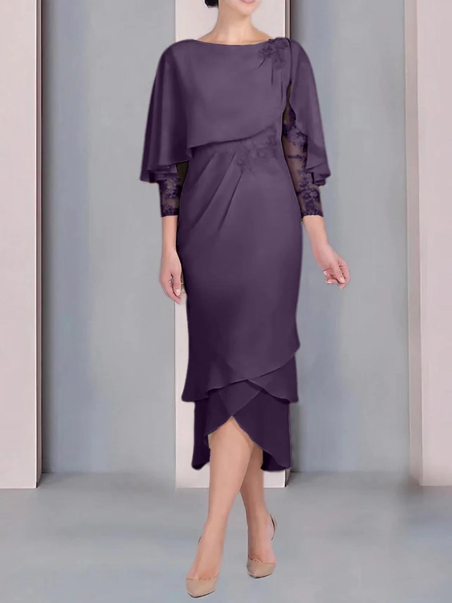 Sheath/Column Scoop Short Sleeves Tea-Length Mother of the Bride Dresses with Appliques & Lace - Image 63