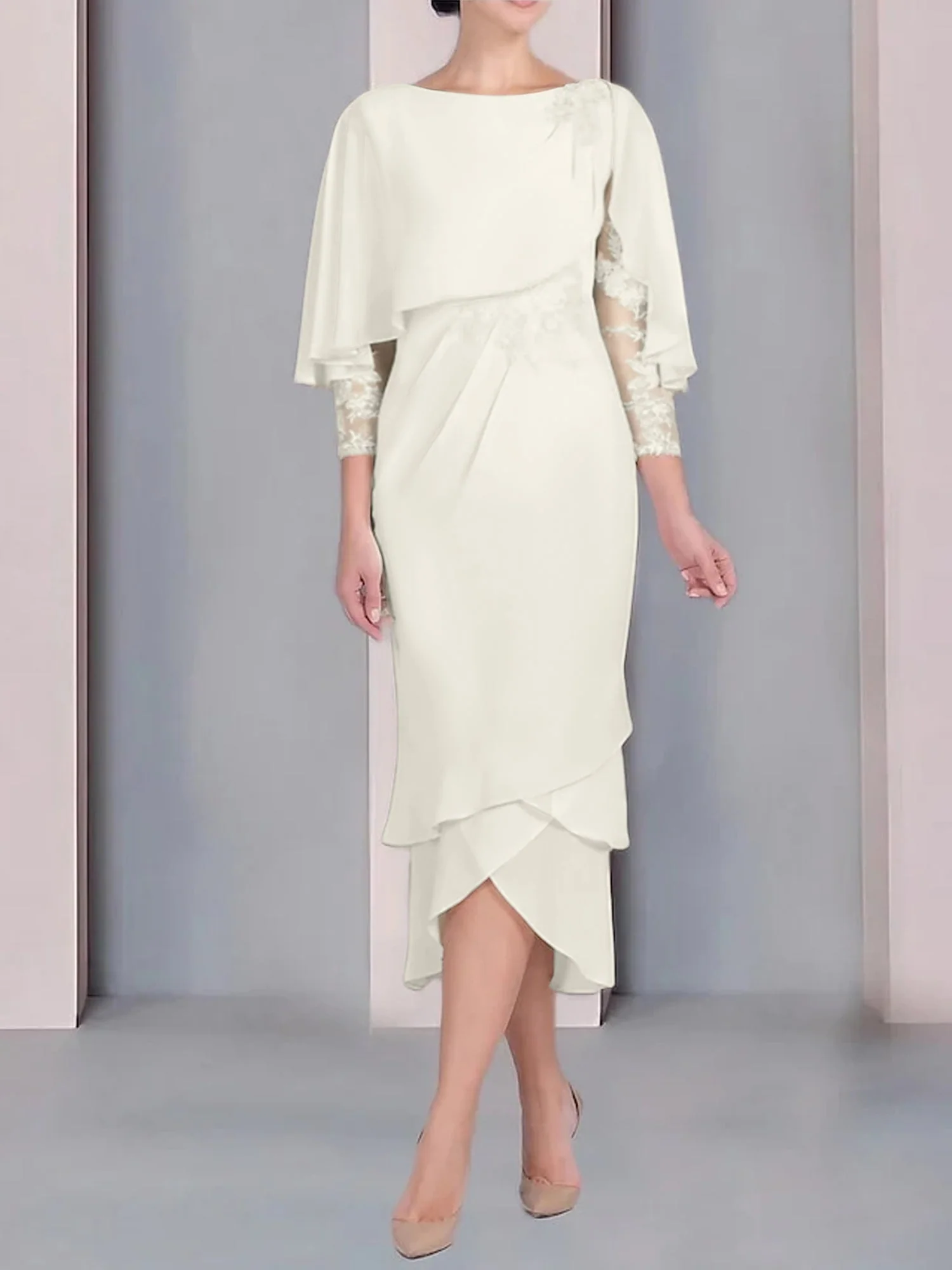 Sheath/Column Scoop Short Sleeves Tea-Length Mother of the Bride Dresses with Appliques & Lace - Image 64