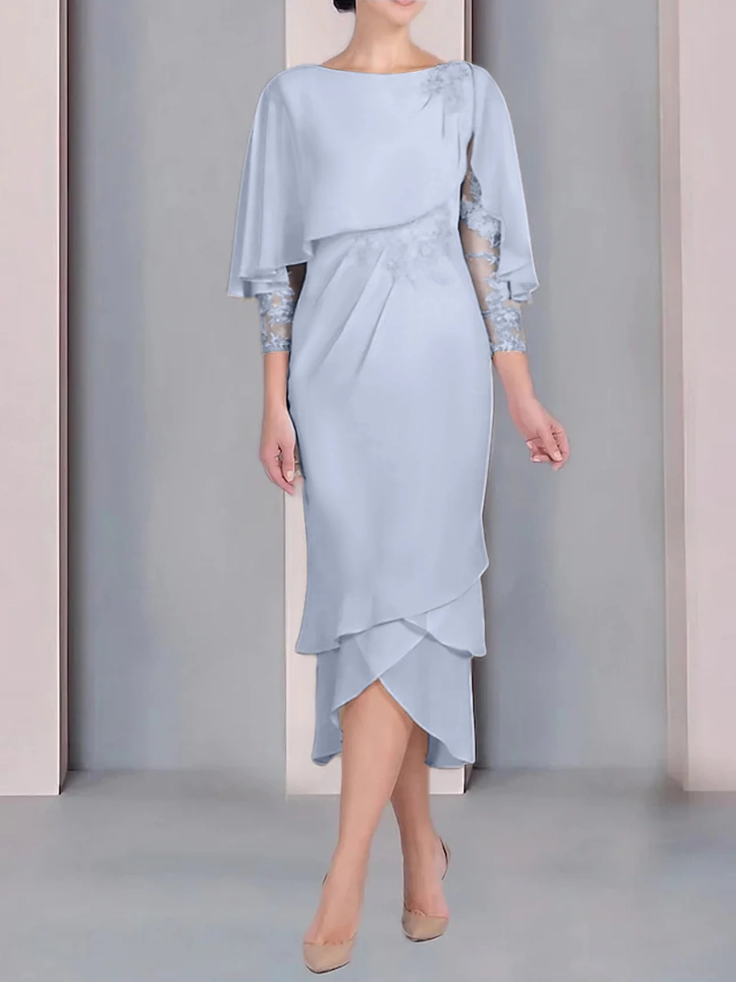 Sheath/Column Scoop Short Sleeves Tea-Length Mother of the Bride Dresses with Appliques & Lace - Image 65