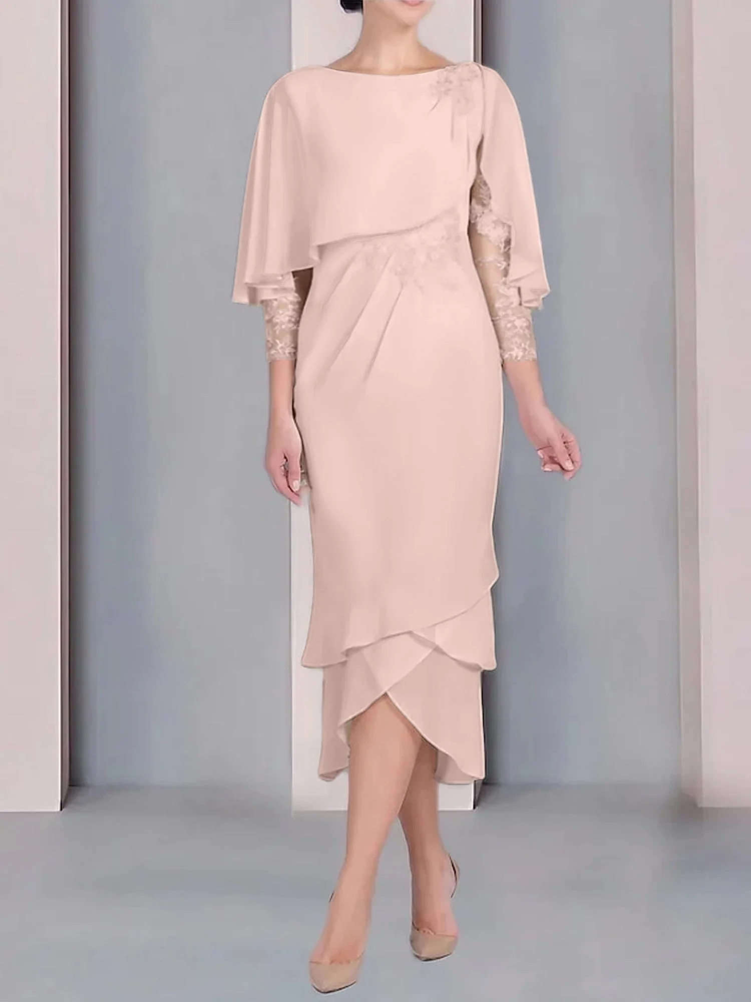 Sheath/Column Scoop Short Sleeves Tea-Length Mother of the Bride Dresses with Appliques & Lace - Image 66