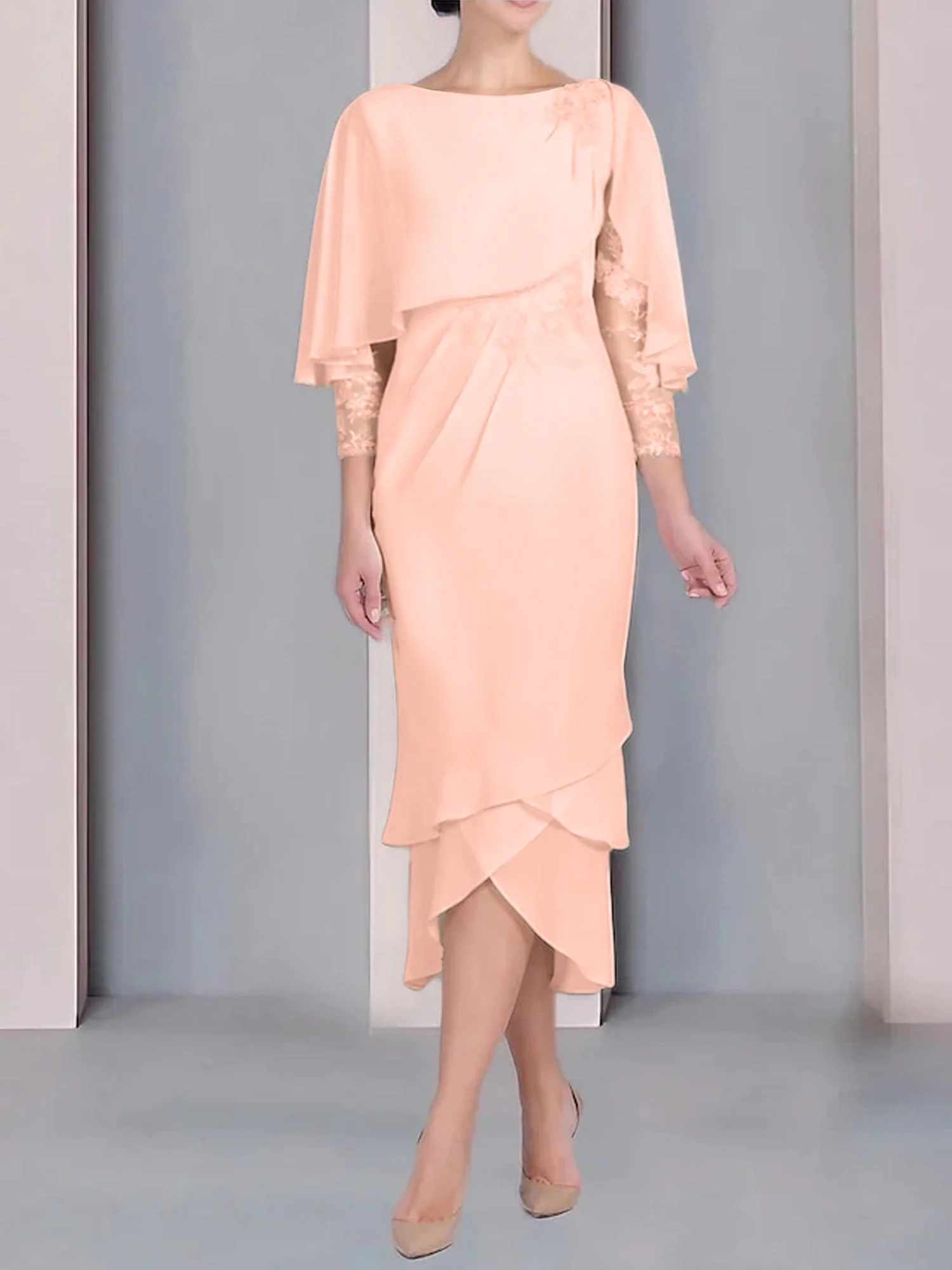 Sheath/Column Scoop Short Sleeves Tea-Length Mother of the Bride Dresses with Appliques & Lace - Image 67