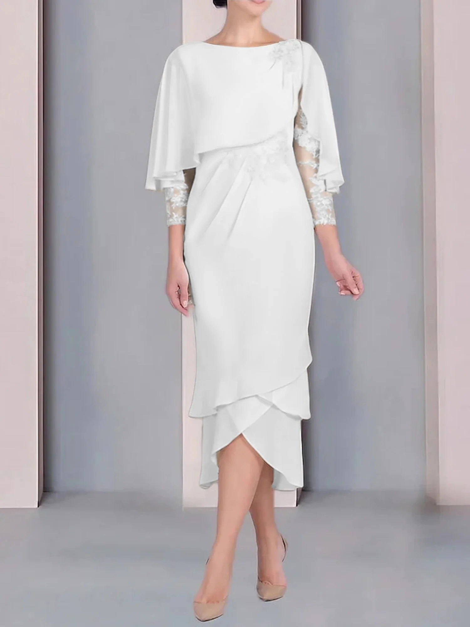 Sheath/Column Scoop Short Sleeves Tea-Length Mother of the Bride Dresses with Appliques & Lace - Image 69