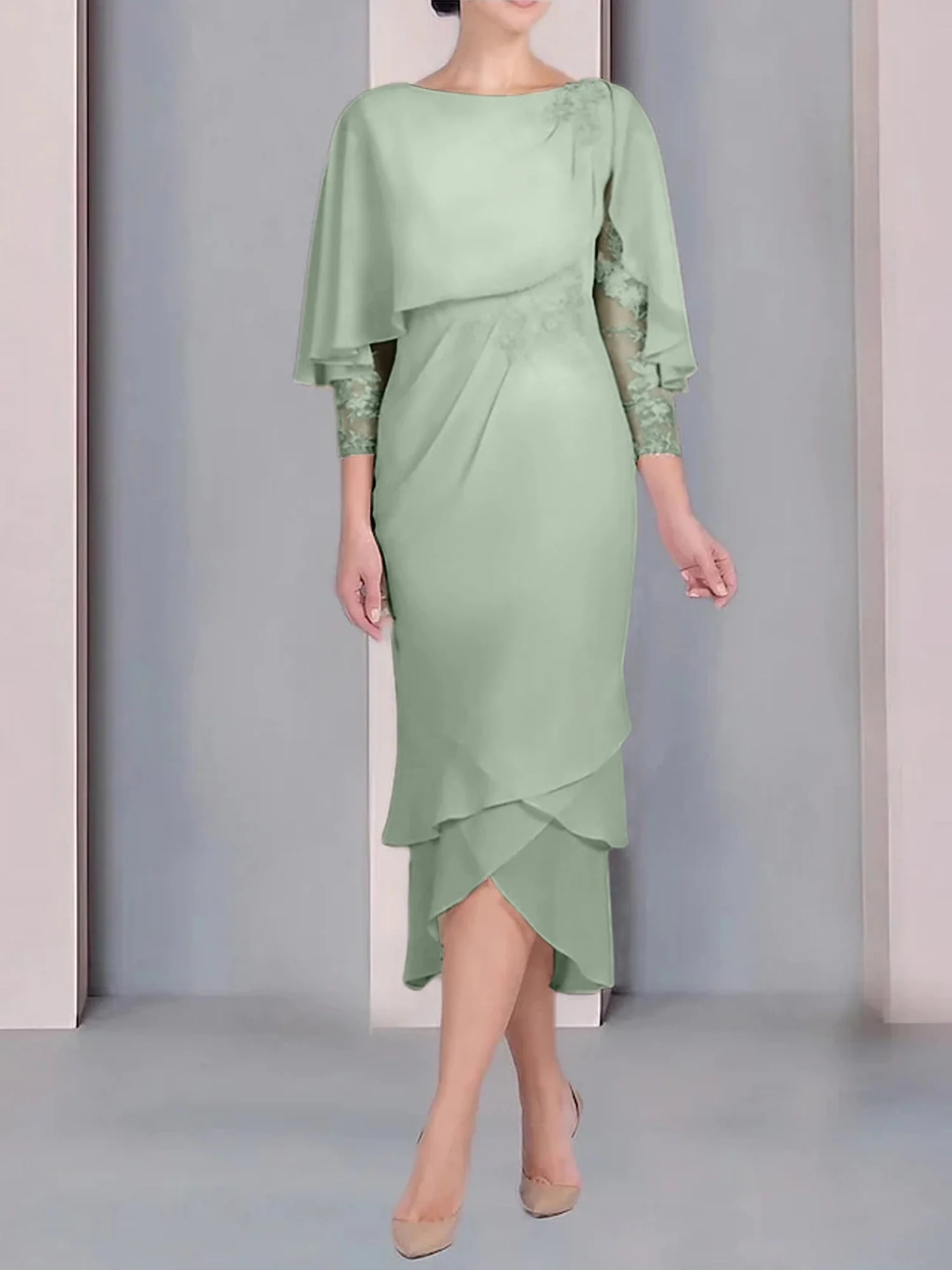 Sheath/Column Scoop Short Sleeves Tea-Length Mother of the Bride Dresses with Appliques & Lace - Image 8