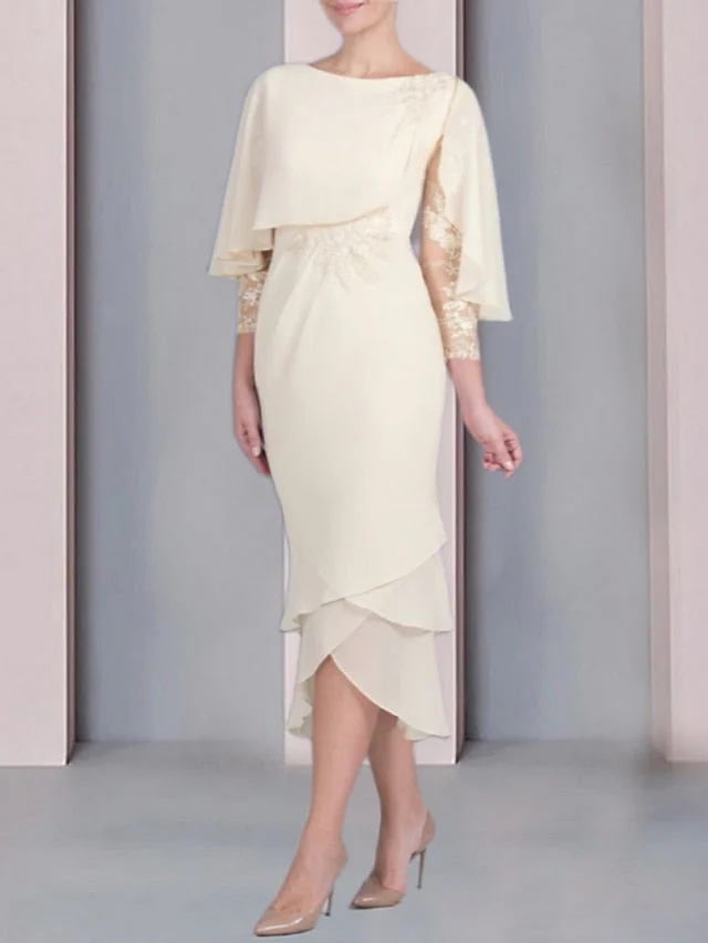 Sheath/Column Scoop Short Sleeves Tea-Length Mother of the Bride Dresses with Appliques & Lace - Image 9