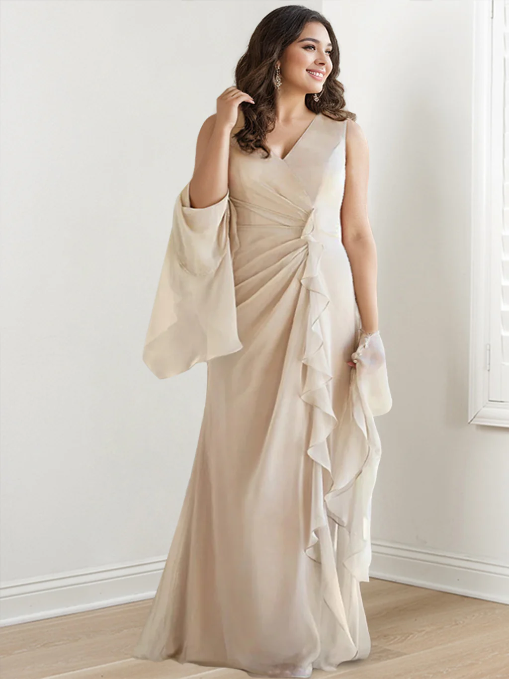 Sheath/Column V-Neck Sleeveless Floor-Length Mother of the Bride Dresses with Wraps & Ruffles - Image 3