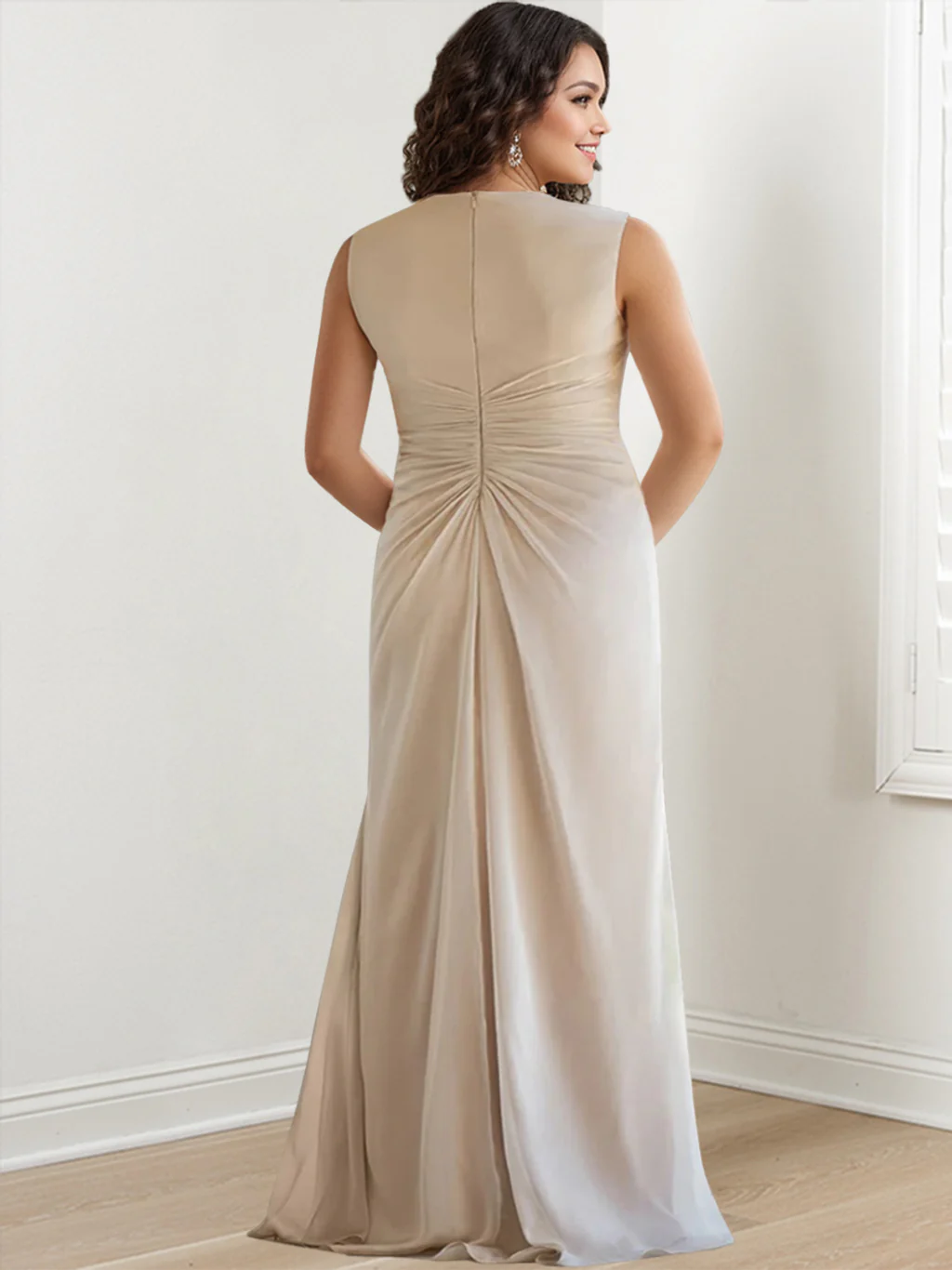 Sheath/Column V-Neck Sleeveless Floor-Length Mother of the Bride Dresses with Wraps & Ruffles - Image 4